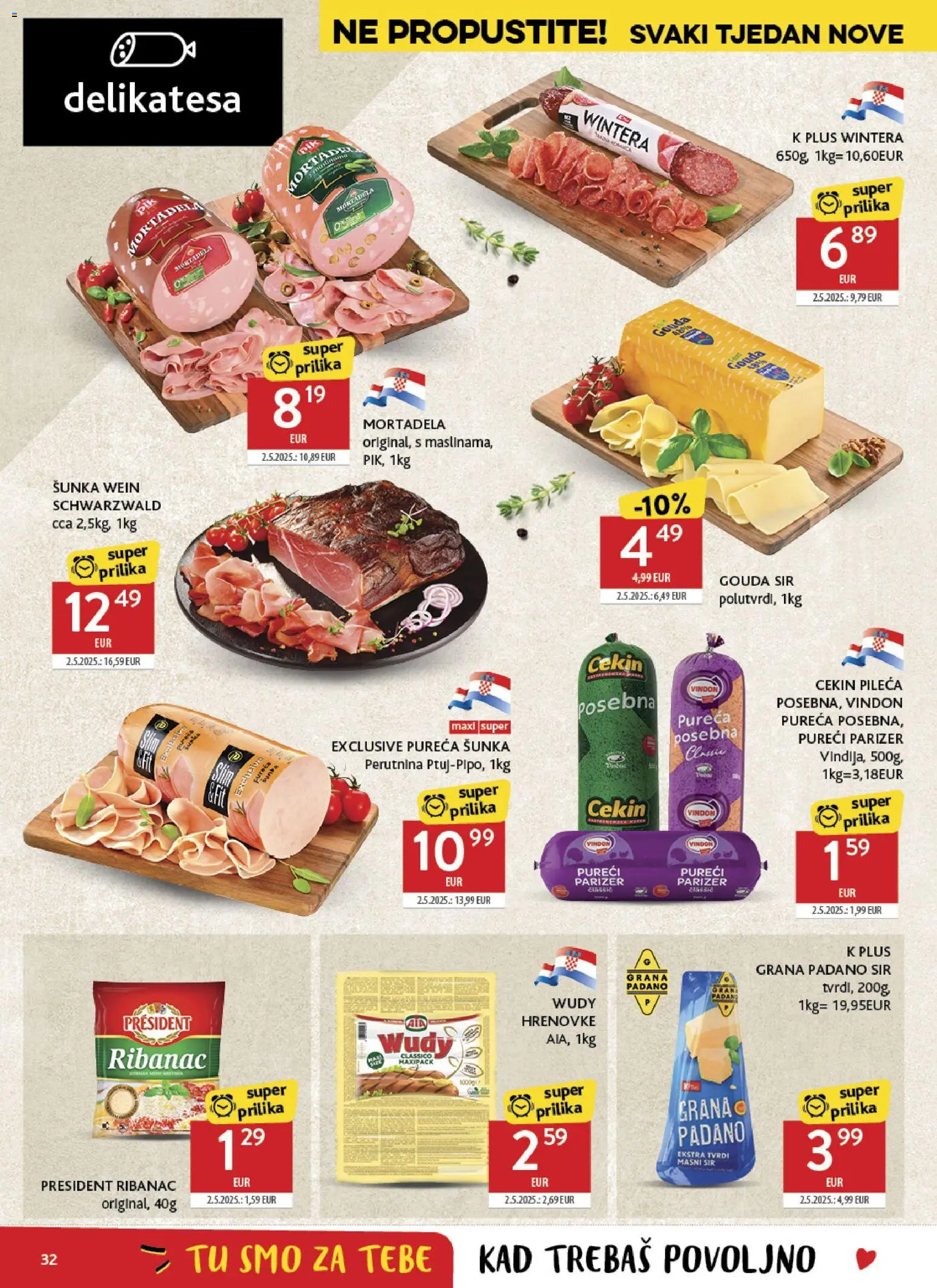 Konzum katalog | vrijedi od 10.06.2026 | Stranica: 32 | Proizvodi: Grana Padano, Šunka, Hrenovke, Gouda