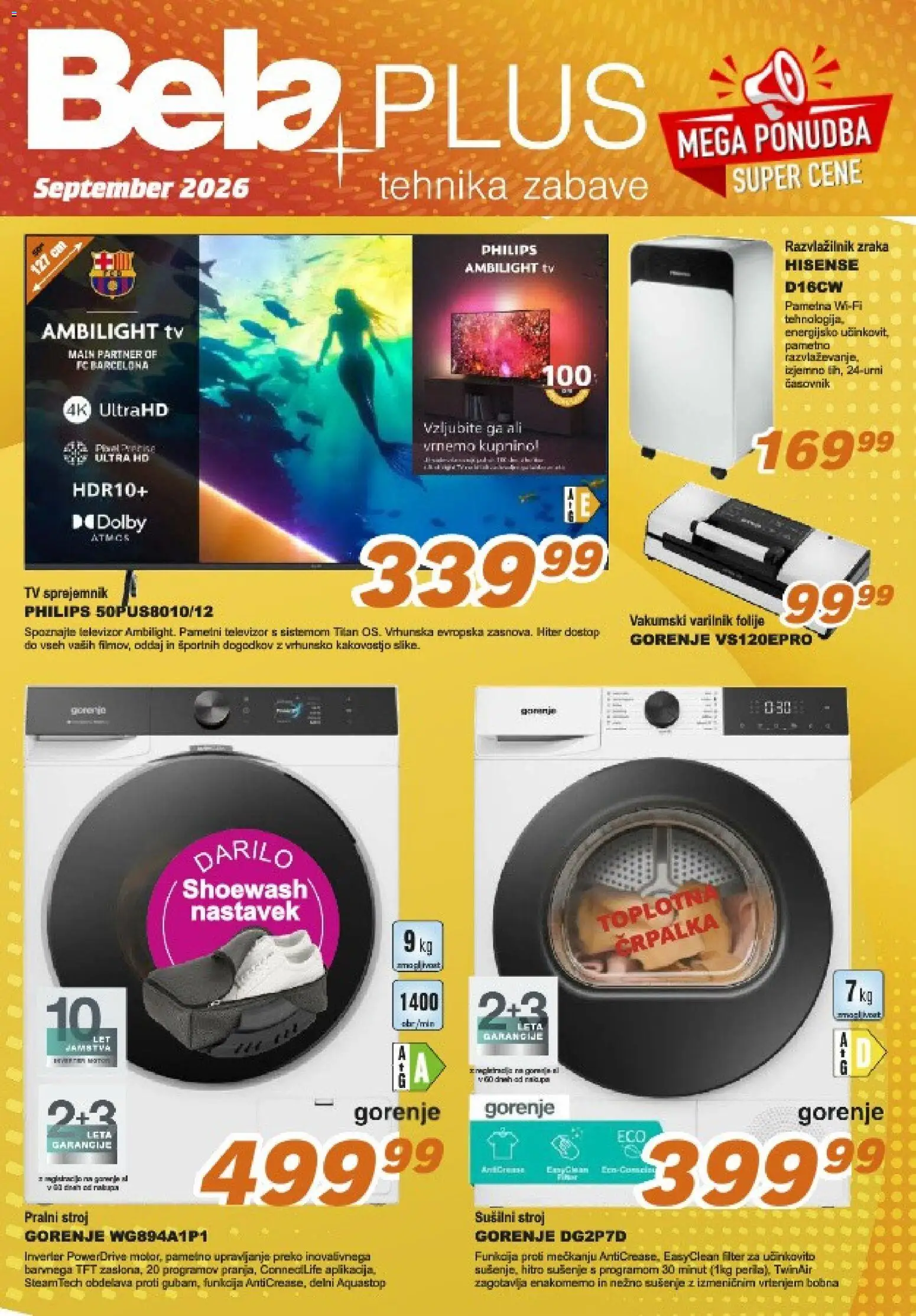 Novi Bela plus katalog ponudbe – veljaven od 16.09.2026 | Stran: 1 | Izdelki: Tv, Črpalka, Pralni stroj, Susilni stroj