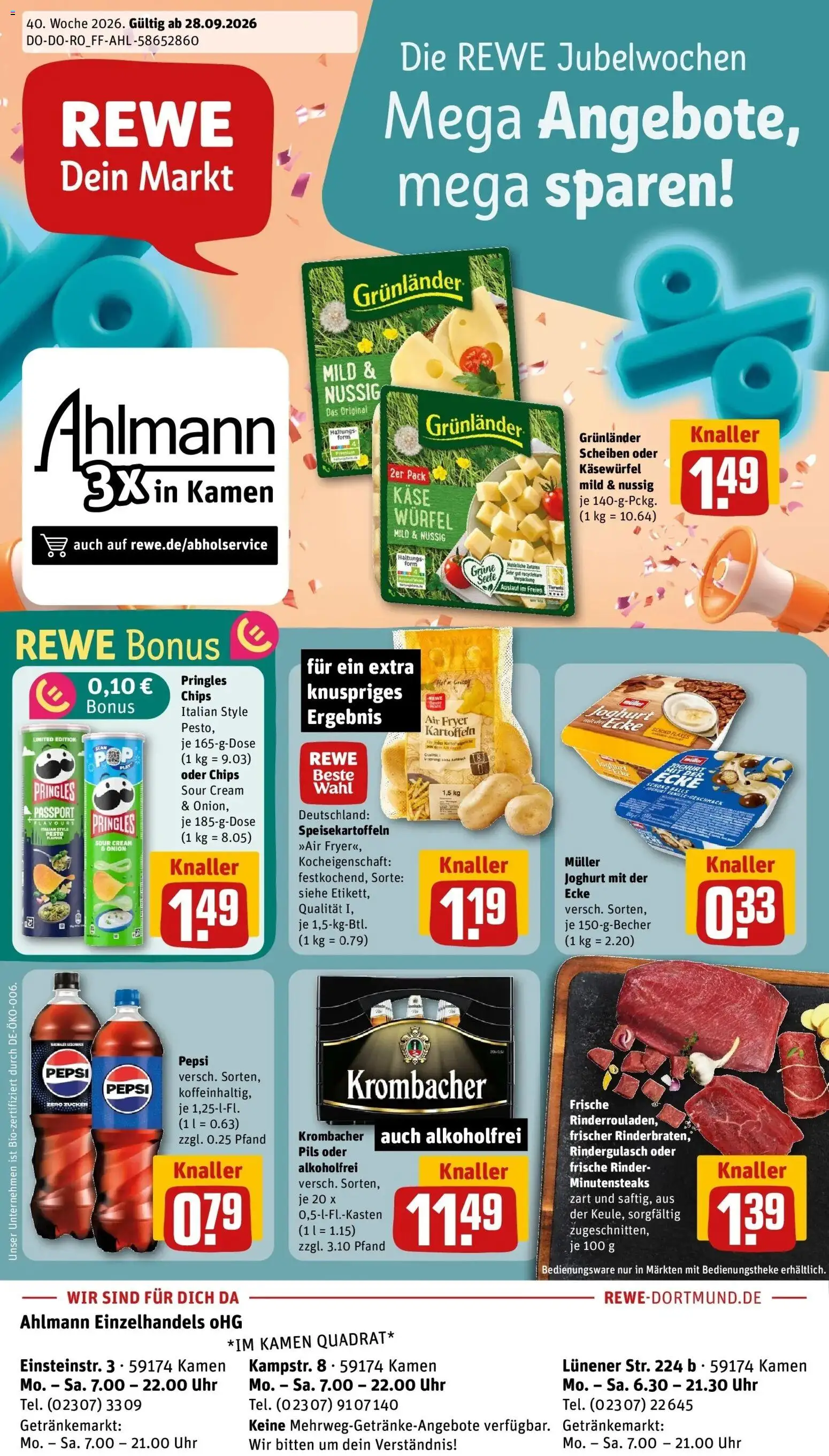 REWE Prospekt ab 28.09.2026 zum Blättern » Angebote | Seite: 1 | Produkte: Rindergulasch, Käse, Joghurt, Grunlander