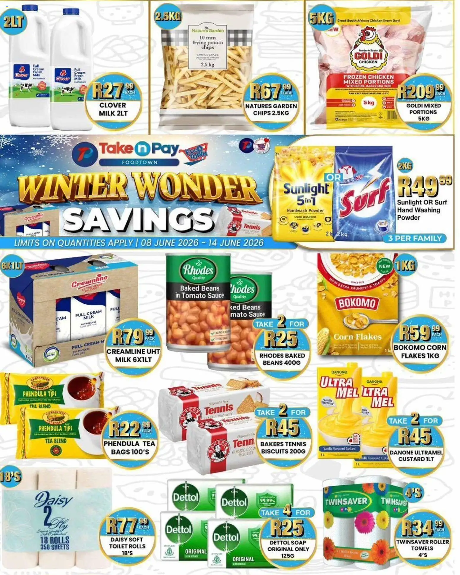 New Take n Pay catalogue – valid from 08.06.2026 | Page: 1 | Products: Corn, Custard, Chips, Tomato sauce