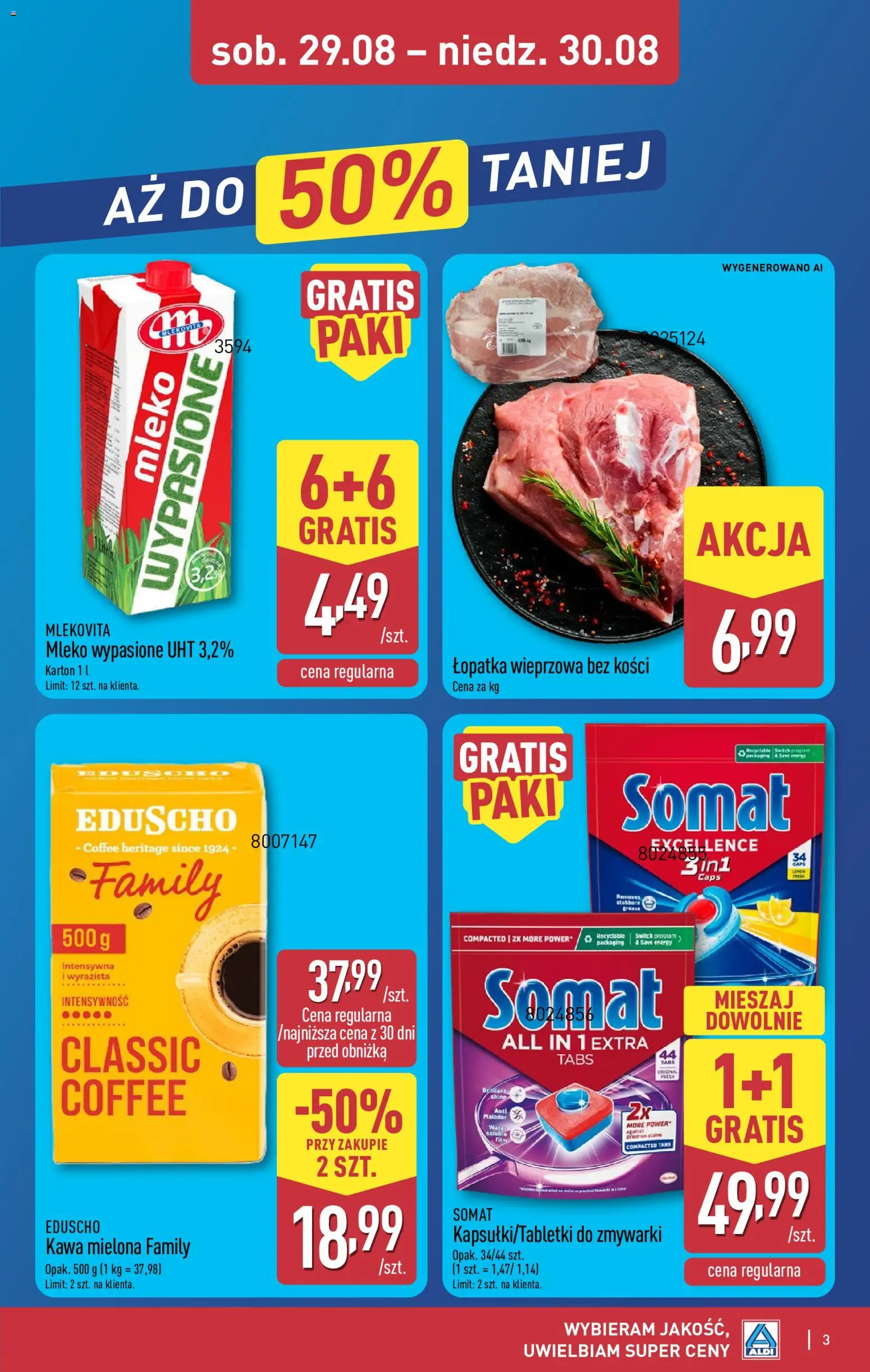 Aldi gazetka - Promocje weekend od 27.08.2026 | Strona: 3 | Produkty: Mleko wypasione, Łopatka wieprzowa bez kości, Łopatka wieprzowa, Kawa mielona