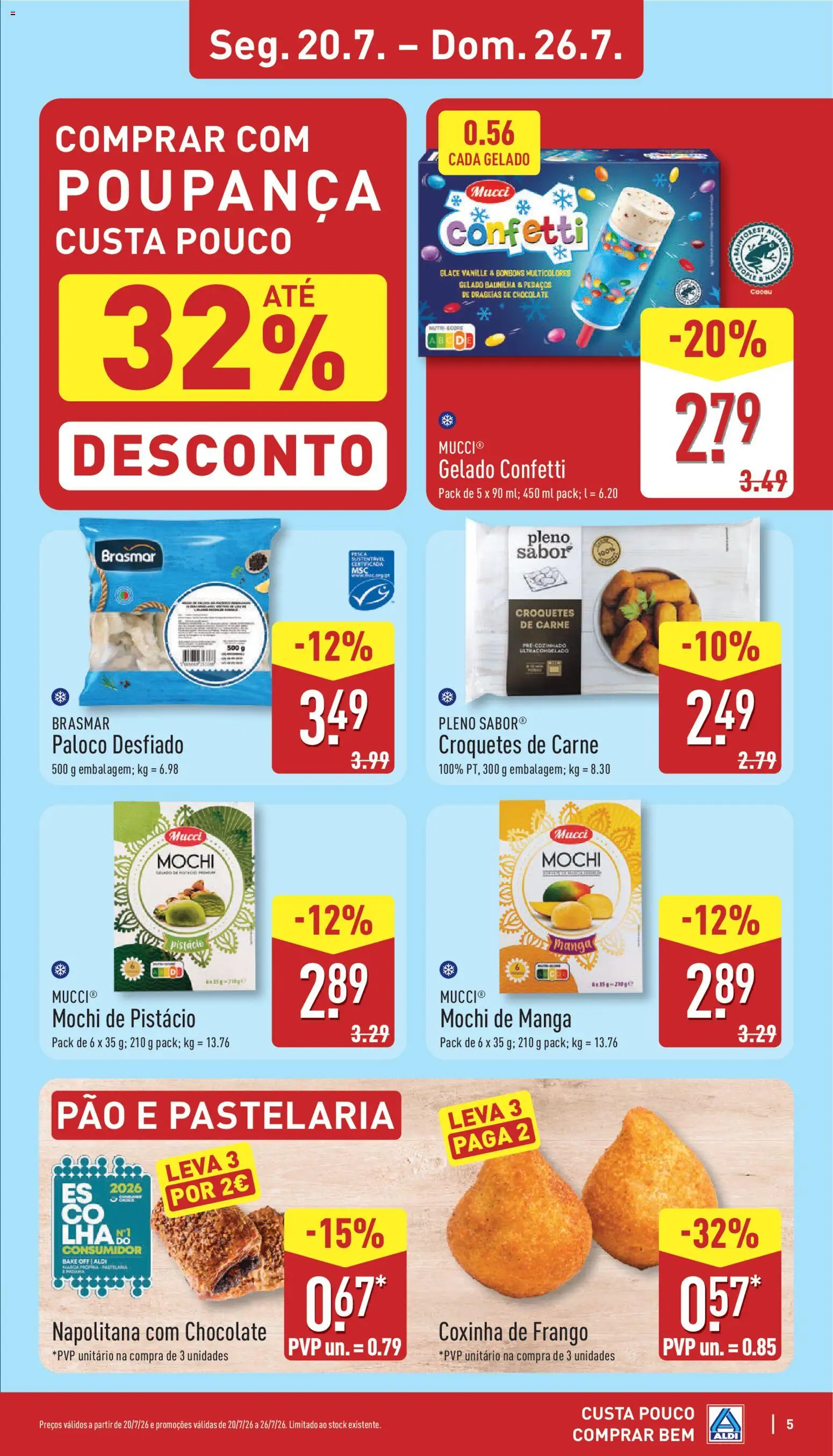 Aldi folheto │ válido de 20/07/2026 | Página: 5 | Produtos: Frango, Pão, Chocolate, Carne