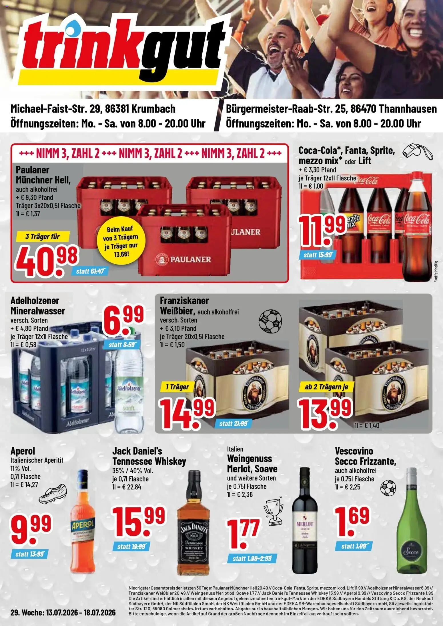 Trinkgut Prospekt Krumbach – gültig ab 13.07.2026 | Seite: 1 | Produkte: Cola, Merlot, Aperol, Uhr