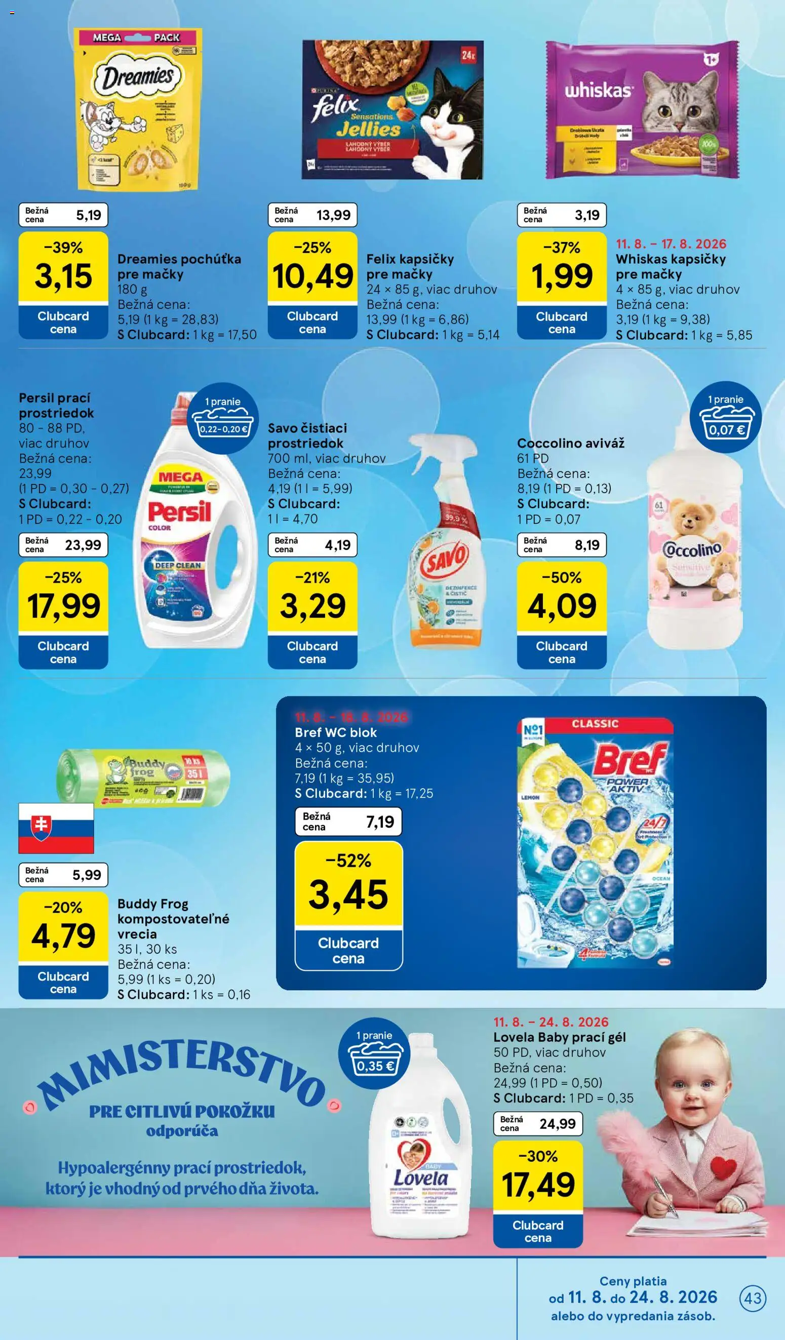 Nové Tesco akcie – leták je platný od 12.08.2026 | Strana: 43 | Produkty: Prací gél, Aviváž, Čistiaci prostriedok, Kapsičky