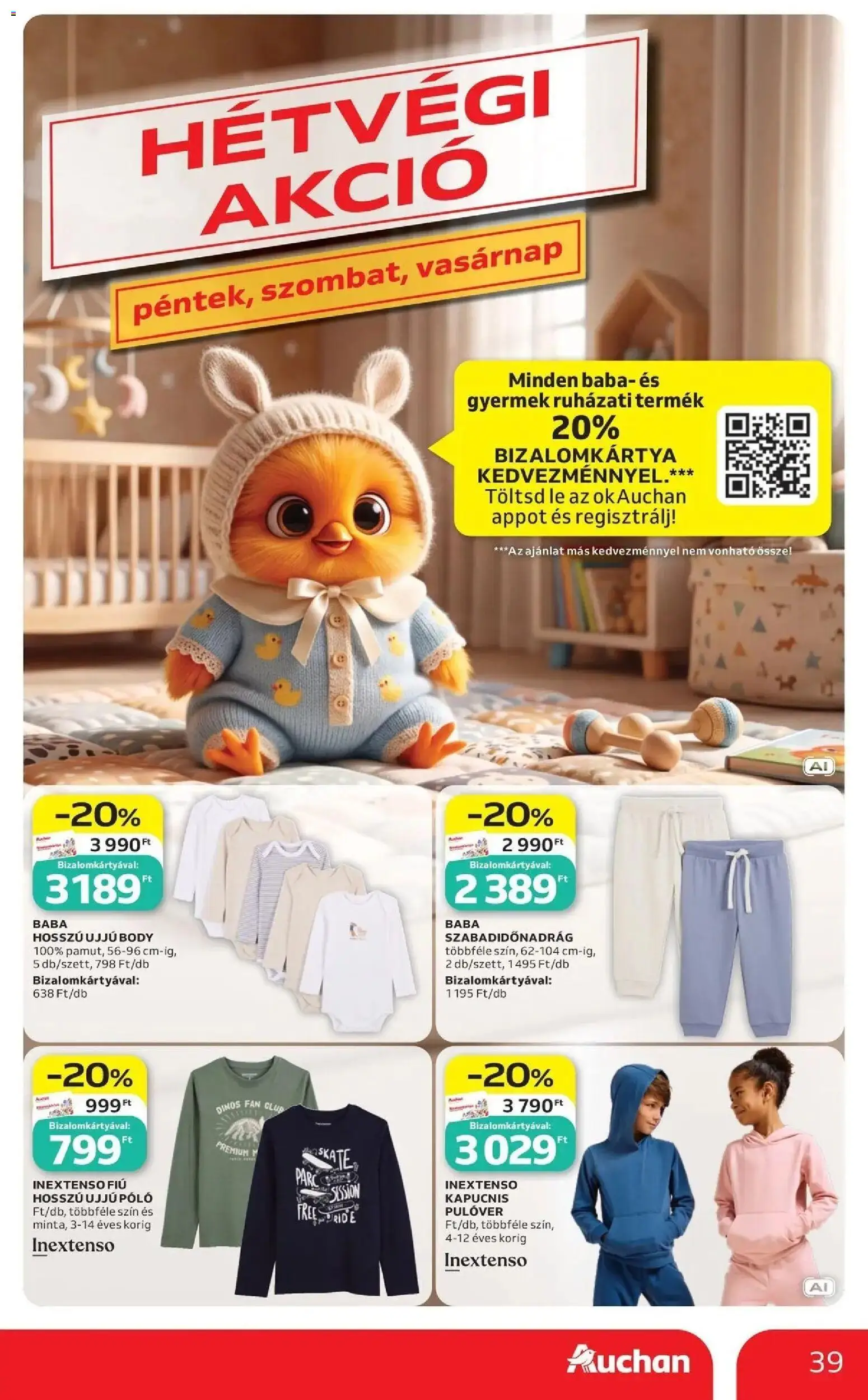 Auchan akciós újság Szolnok - 2026.09.03. -tól/töl > akció, lapozható szórólap 🛍️ | Oldal: 39 | Termékek: Body, Lé, Hosszú ujjú póló, Baba