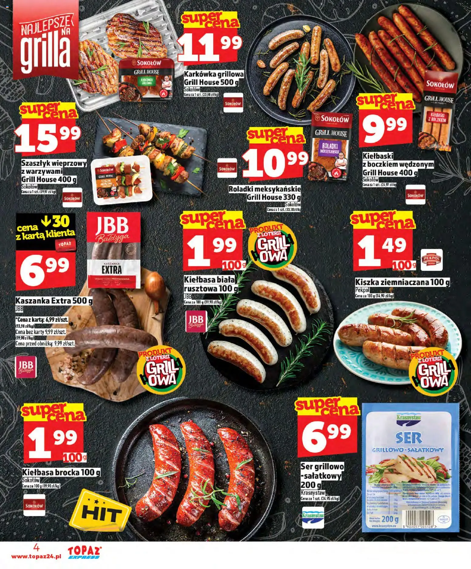 Topaz gazetka - Express od 21.05.2026 | Strona: 4 | Produkty: Kiełbasa, Karta, Grill, Kaszanka