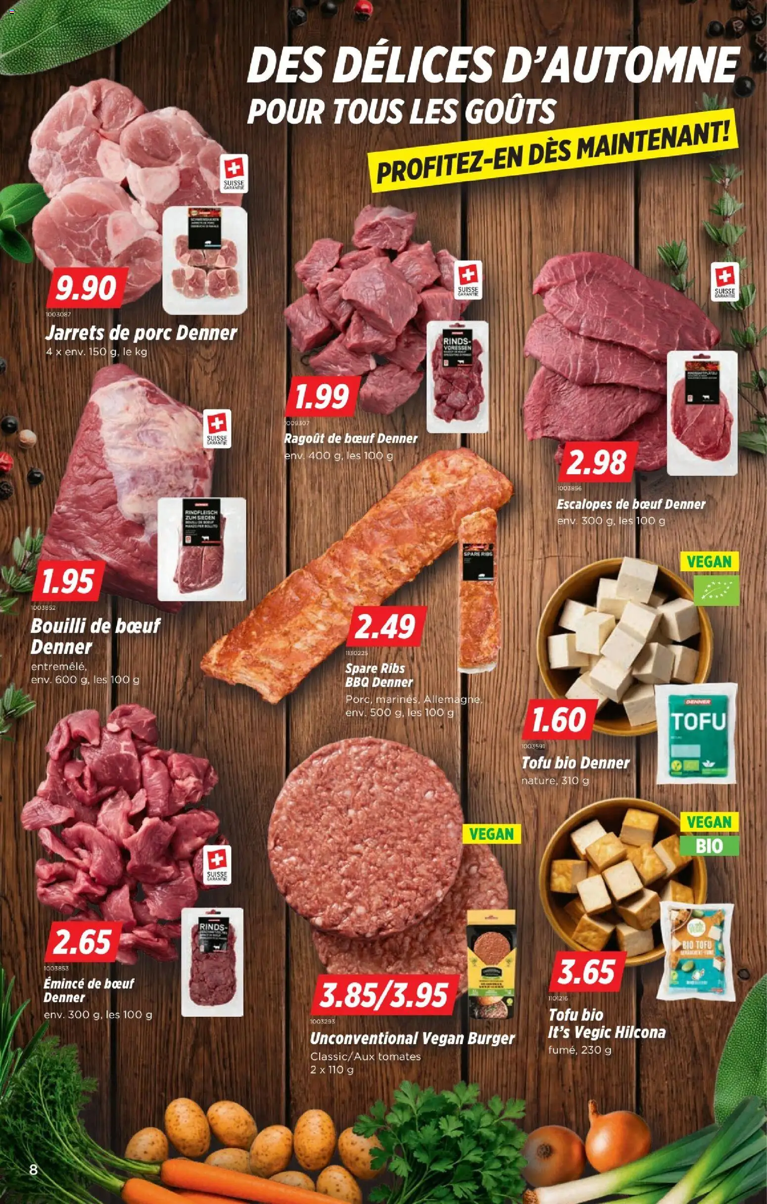 Denner aktionen FR – gültig ab 01.10.2026 | Seite: 8 | Produkte: Spare Ribs, Burger, Rindfleisch, Tofu