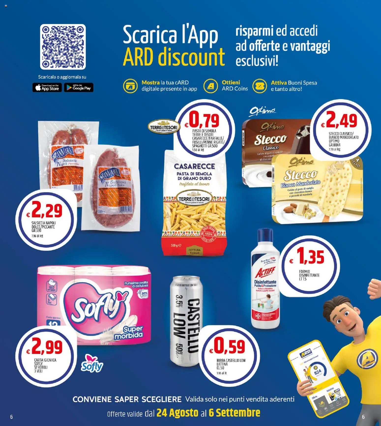 Volantino ARD Discount del 24/08/2026 | Pagina: 6 | Prodotti: Carta igienica, Pasta di semola, The, Cioccolato bianco