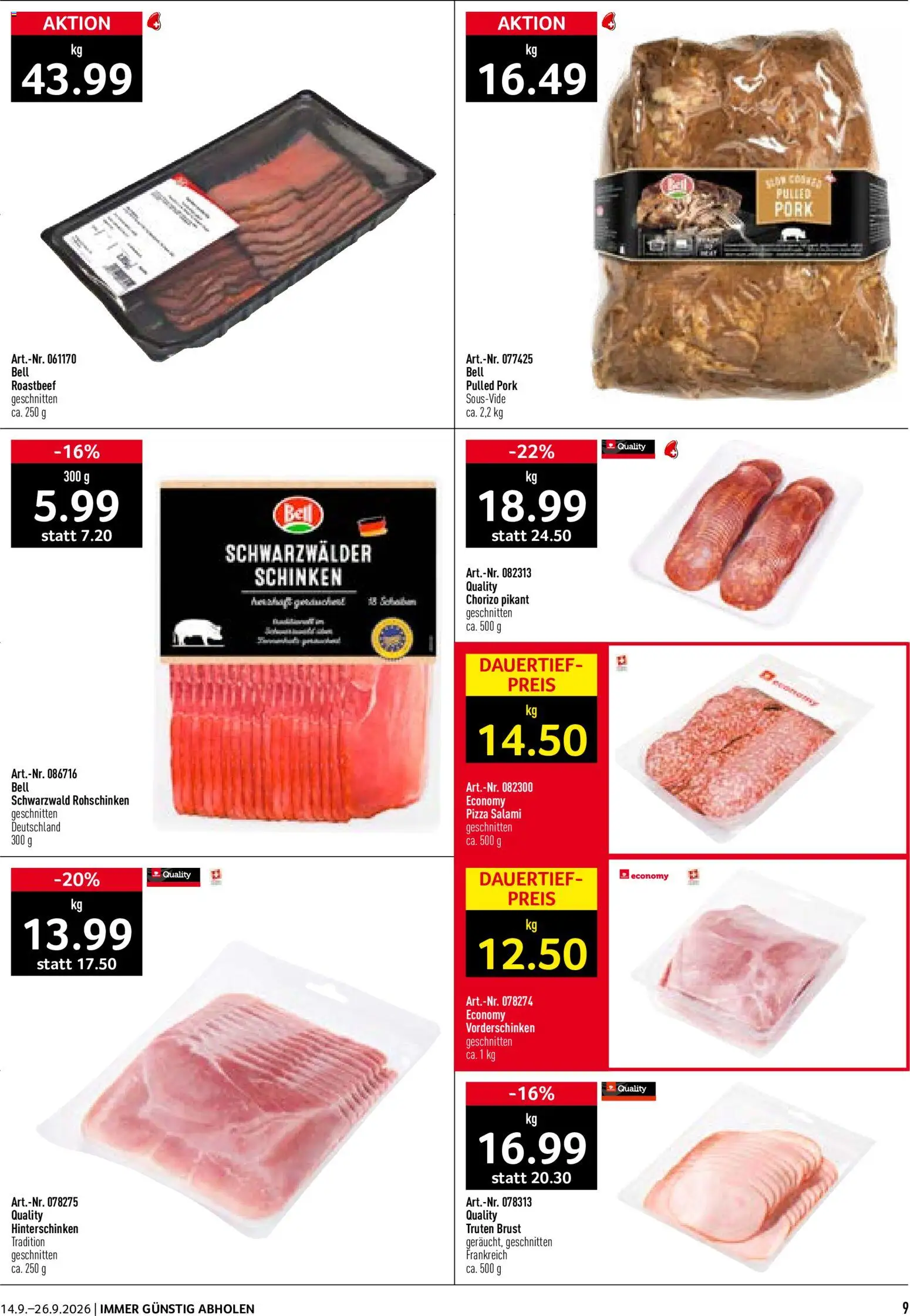 Prodega Aktionen Take Away – gültig ab 14.09.2026 | Seite: 9 | Produkte: Salami, Schinken, Pizza, Roastbeef