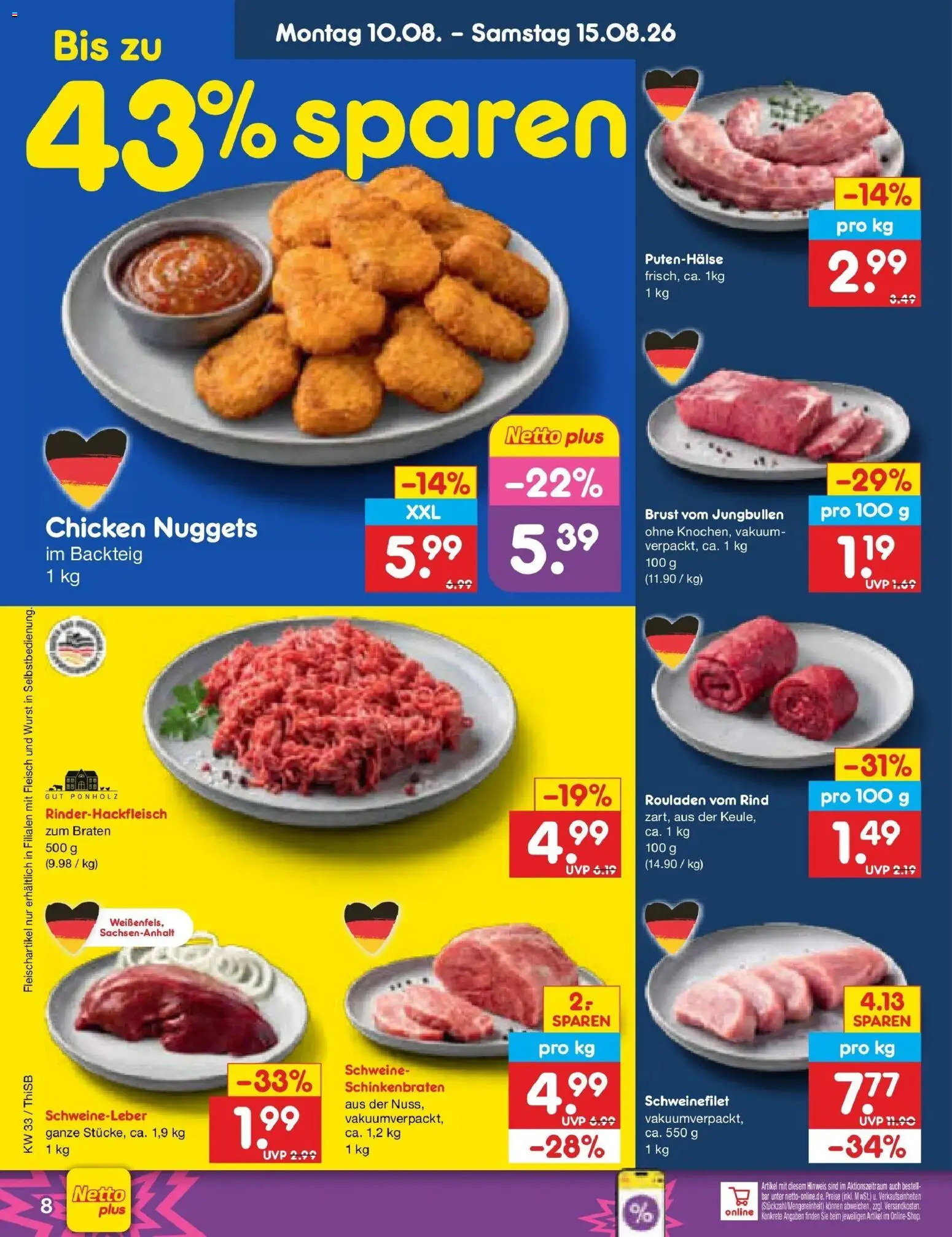 Netto Marken-Discount Prospekt Pirna (ab 10.08.2026) » Angebote | Seite: 8 | Produkte: Schweinefilet, Wurst, Fleisch