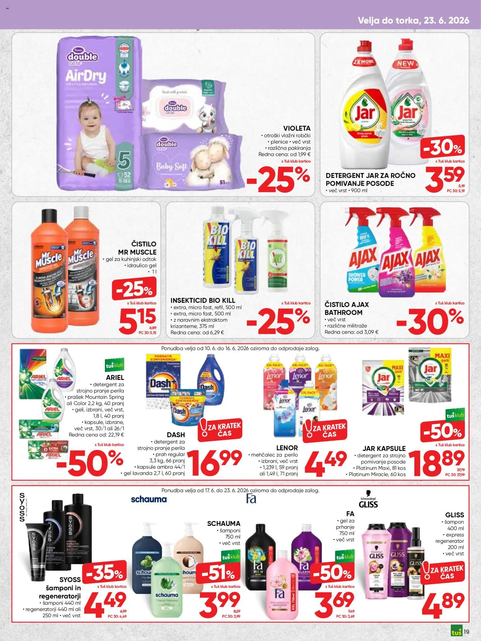 Novi Tuš katalog ponudbe – veljaven od 10.06.2026 | Stran: 19 | Izdelki: Plenice, Mehčalec, Robčki, Detergent