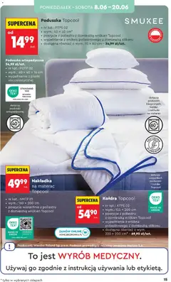 Pogląd oferty "Kołdra Topcool, nr kat.: KTPS 02, wym.: 155 x 200 cm, poszycie z poliestru z domieszką włókien Topcool, wypełnienie z włókna poliestrowego z domieszką silikonu, dostępna również o wym. 220 x 200 cm - 69,90 zł/szt." - ważna od 06.06.2026 | Strona: 17 | Produkty: Materac, Poduszka, Poduszka ortopedyczna, Kołdra