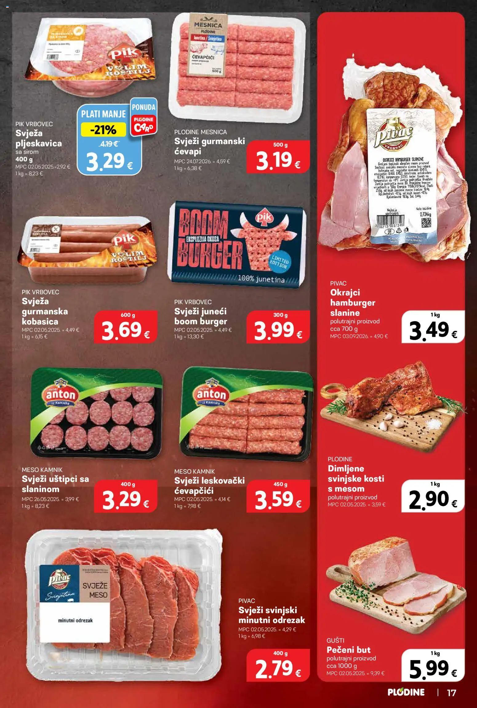 Plodine katalog | vrijedi od 10.09.2026 | Stranica: 17 | Proizvodi: Meso, Pik Vrbovec, Hamburger, Ćevapčići