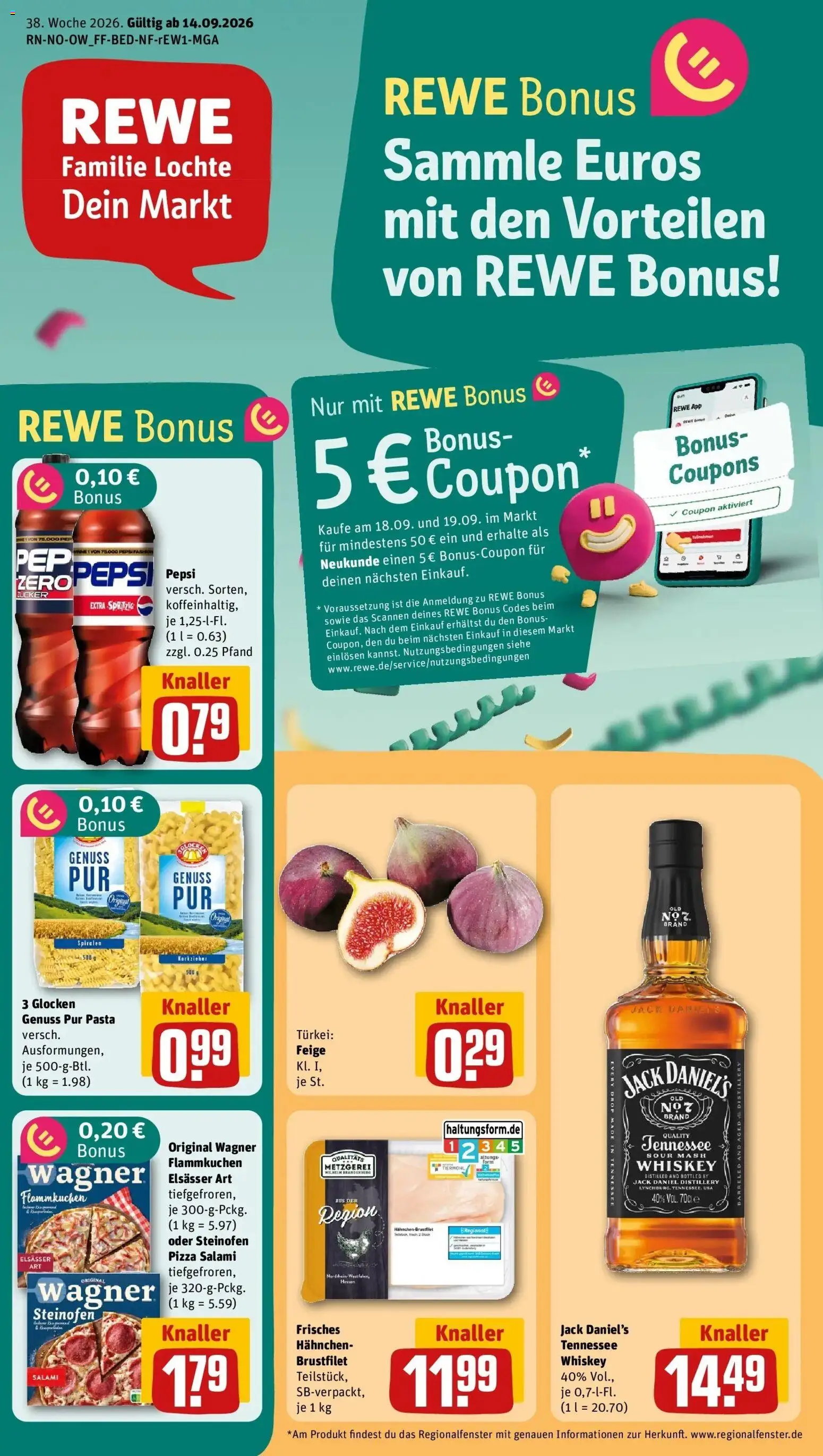 REWE Prospekt ab 14.09.2026 zum Blättern » Angebote | Seite: 1 | Produkte: Jack Daniel's, Zucker, Salami, Pizza