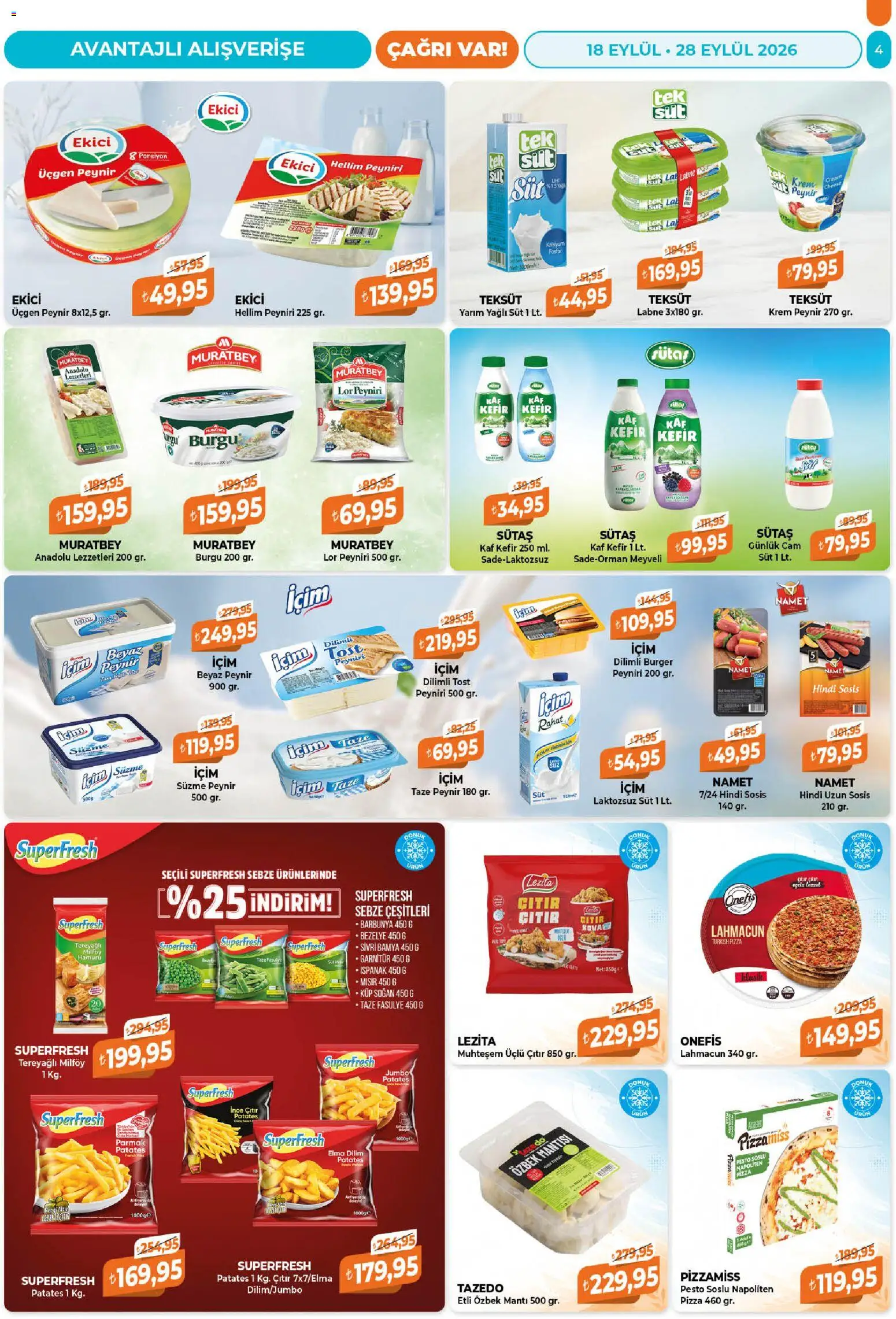 Çağrı Market Katalog - 18 Eylül 2026 tarihinden itibaren geçerlidir | Sayfa: 4 | Ürünler: Pizza, Elma, Ekici, Süzme peynir