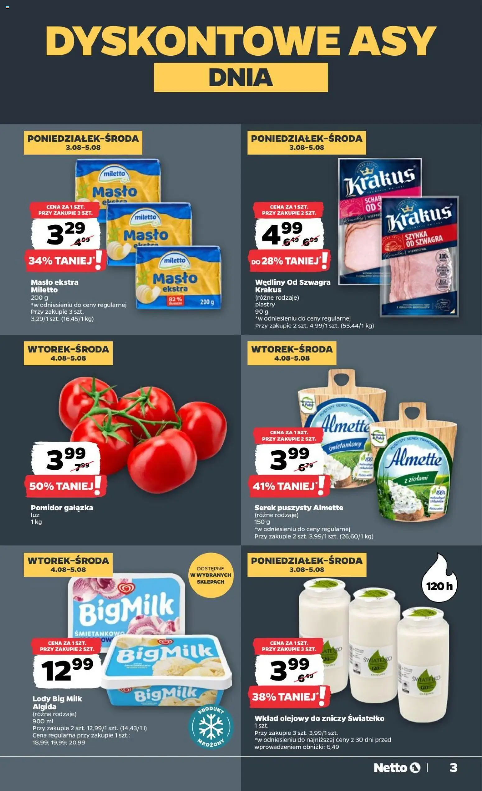 Netto gazetka od poniedziałku od 03.08.2026 | Strona: 3 | Produkty: Serek, Szynka, Wędliny, Lody