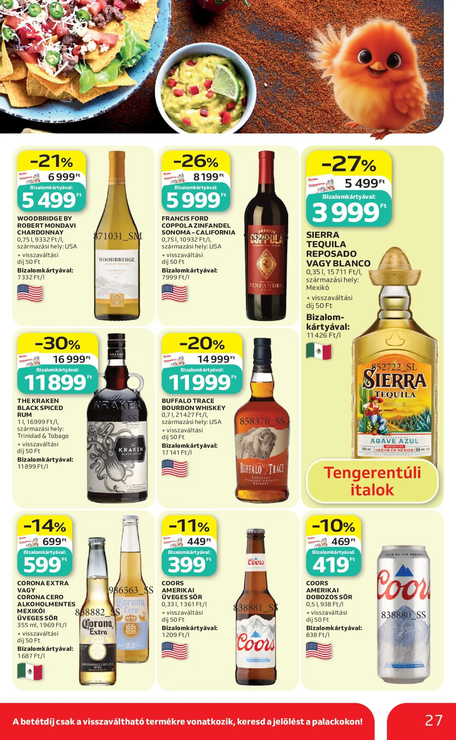 Auchan akciós ujság - amely érvényes a következő dátumtól: 07.05.2026 | Oldal: 27 | Termékek: Whiskey, Bourbon, Dobozos sör, Sör