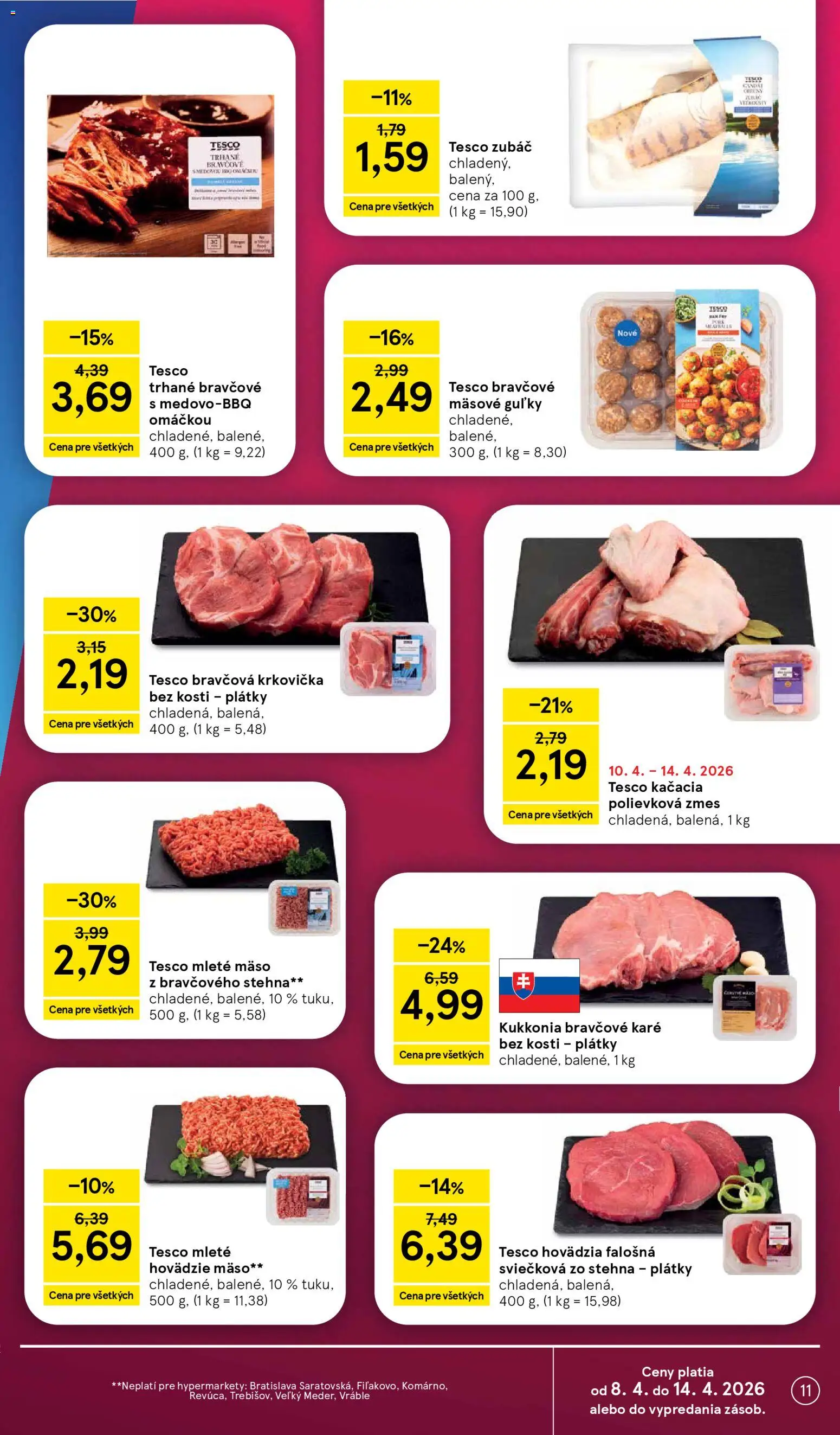 Nové Tesco akcie – leták je platný od 08.04.2026 | Strana: 11 | Produkty: Hovädzie mäso, Bravčová krkovička, Krkovička, Bravčové karé