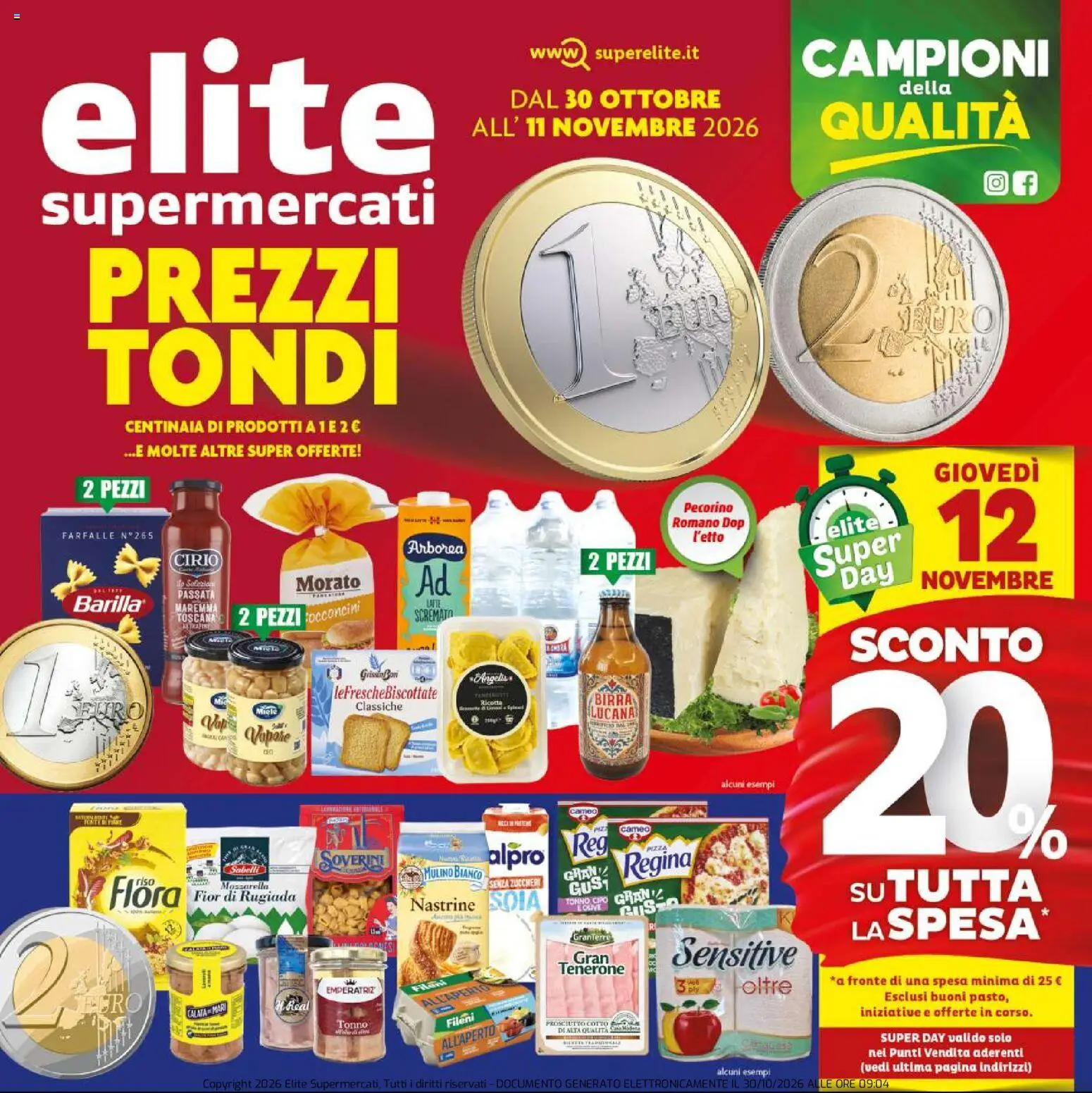 Volantino Elite Supermercati del 30/10/2026 | Pagina: 1 | Prodotti: Prosciutto Cotto, Farfalle, Mozzarella, Tonno