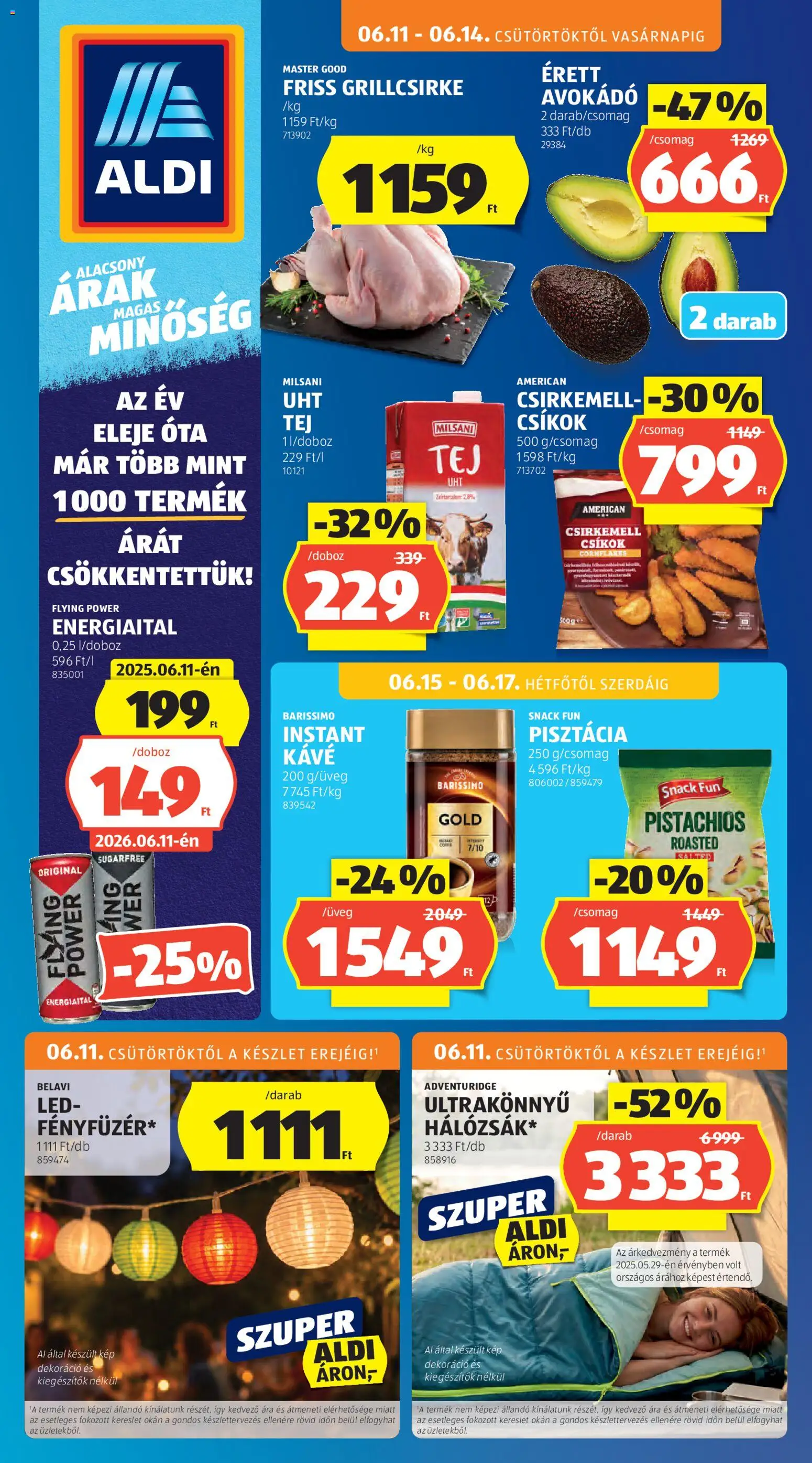 Aldi akciós ujság - amely érvényes a következő dátumtól: 11.06.2026 | Oldal: 1 | Termékek: Energiaital, Pisztácia, Kávé, Csirkemell