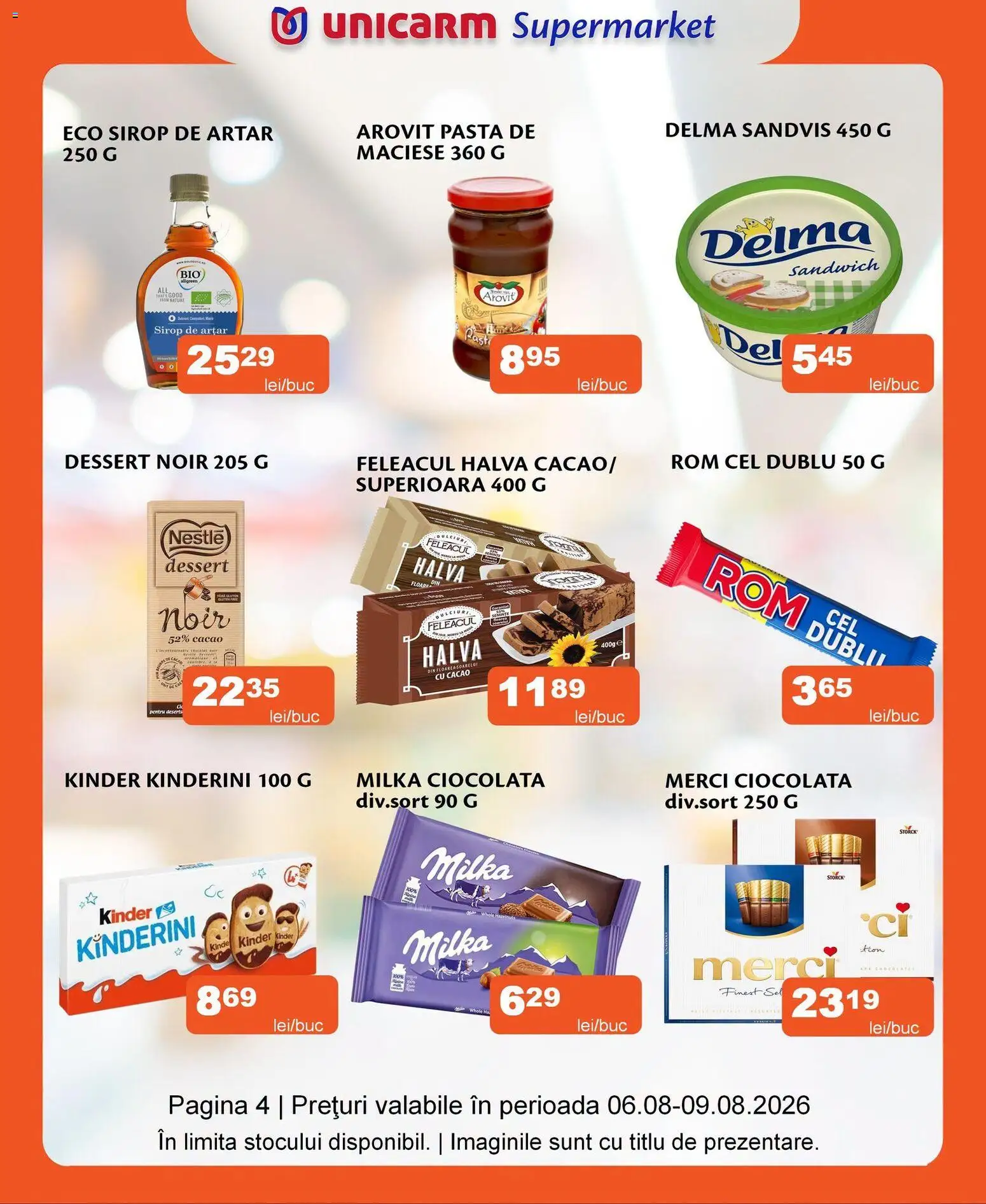 Noul catalog Unicarm – valabil de la 06.08.2026 | Pagină: 4 | Produse: Ciocolată, Sirop de arțar, Rom, Sirop