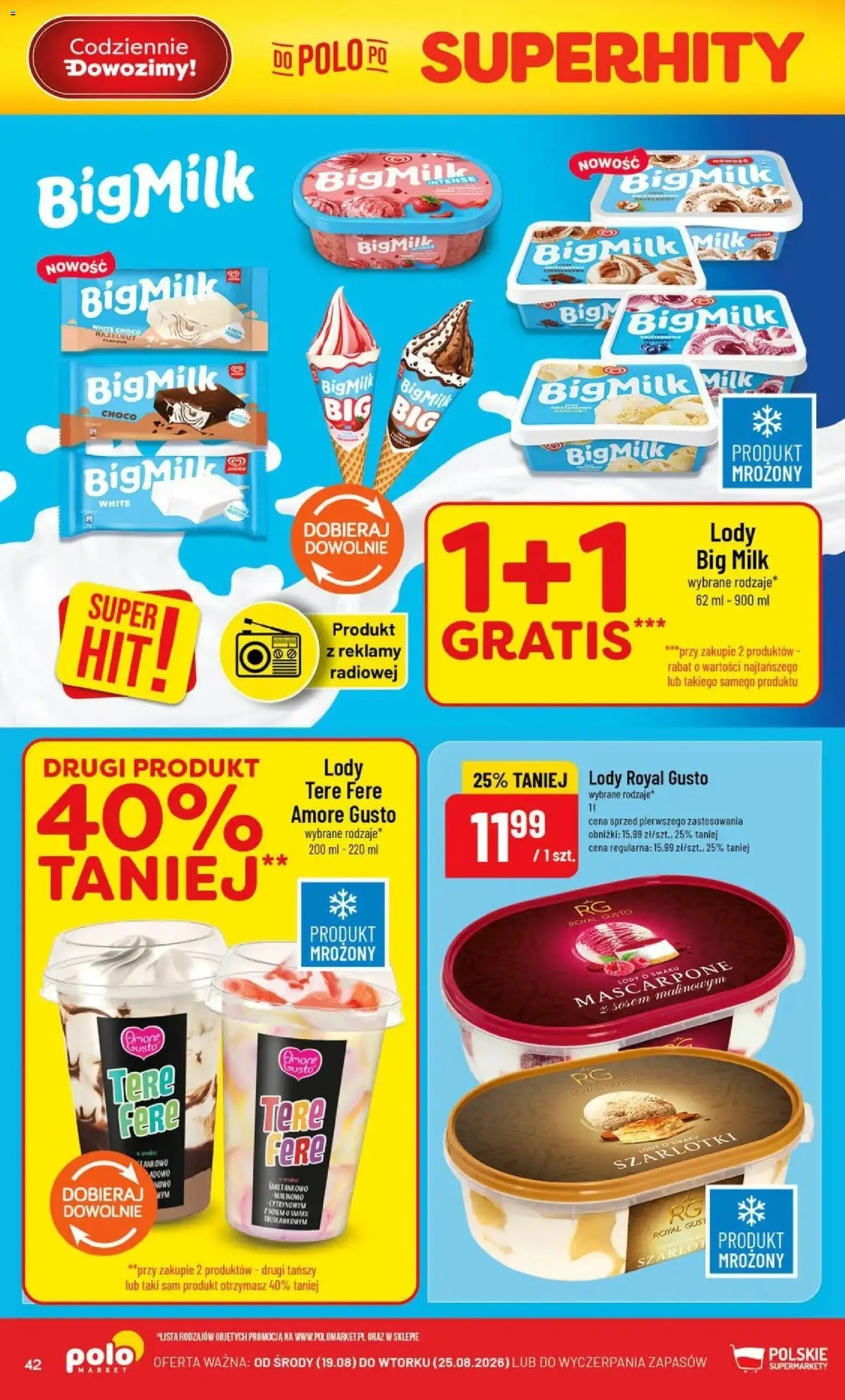 Nowa POLOmarket gazetka od jutra 19.08.2026 | Strona: 42 | Produkty: Big Milk, Mascarpone, Lody