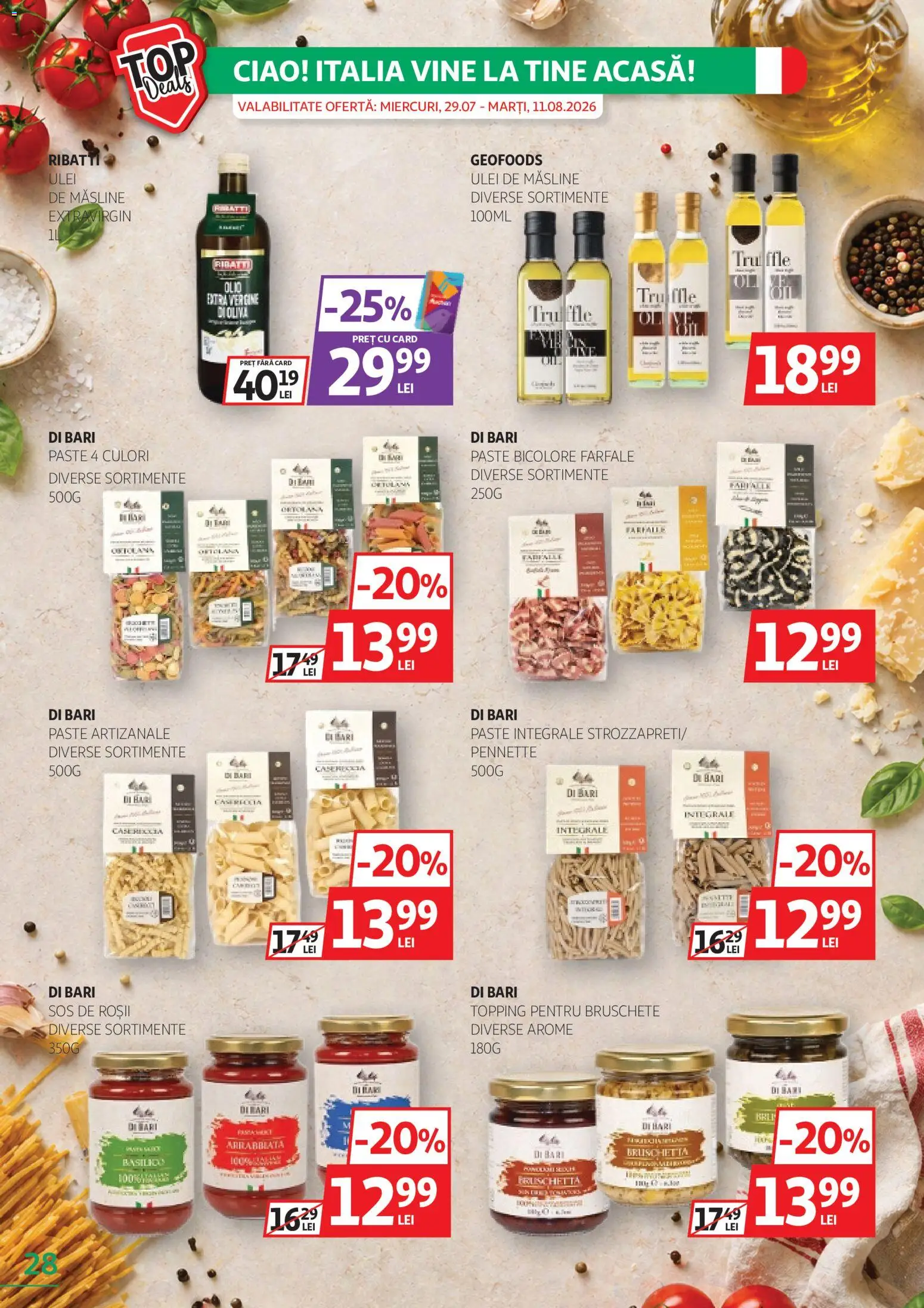 Noul catalog Auchan – valabil de la 29.07.2026 | Pagină: 28 | Produse: Măsline, Ulei de masline, Paste, Sos