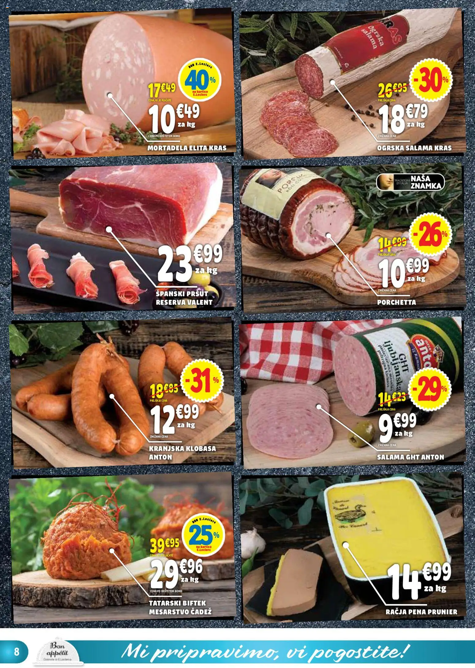 Novi E.leclerc katalog ponudbe – veljaven od 16.09.2026 | Stran: 8 | Izdelki: Pršut, Mortadela, Tatarski biftek, Salama