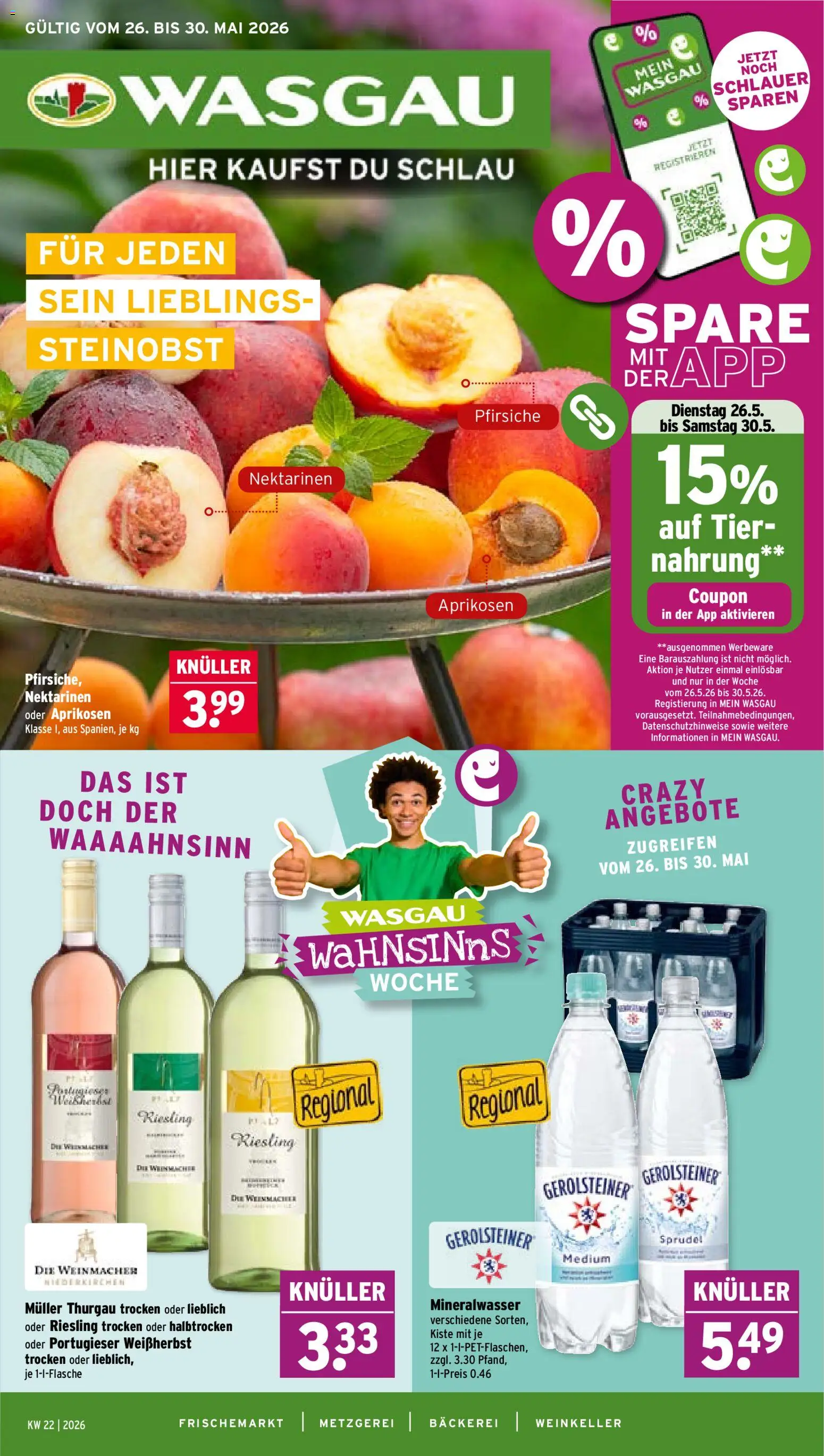Wasgau Prospekt – gültig ab 26.05.2026 | Seite: 1 | Produkte: Bäckerei, Nektarinen, Mineralwasser, Gerolsteiner