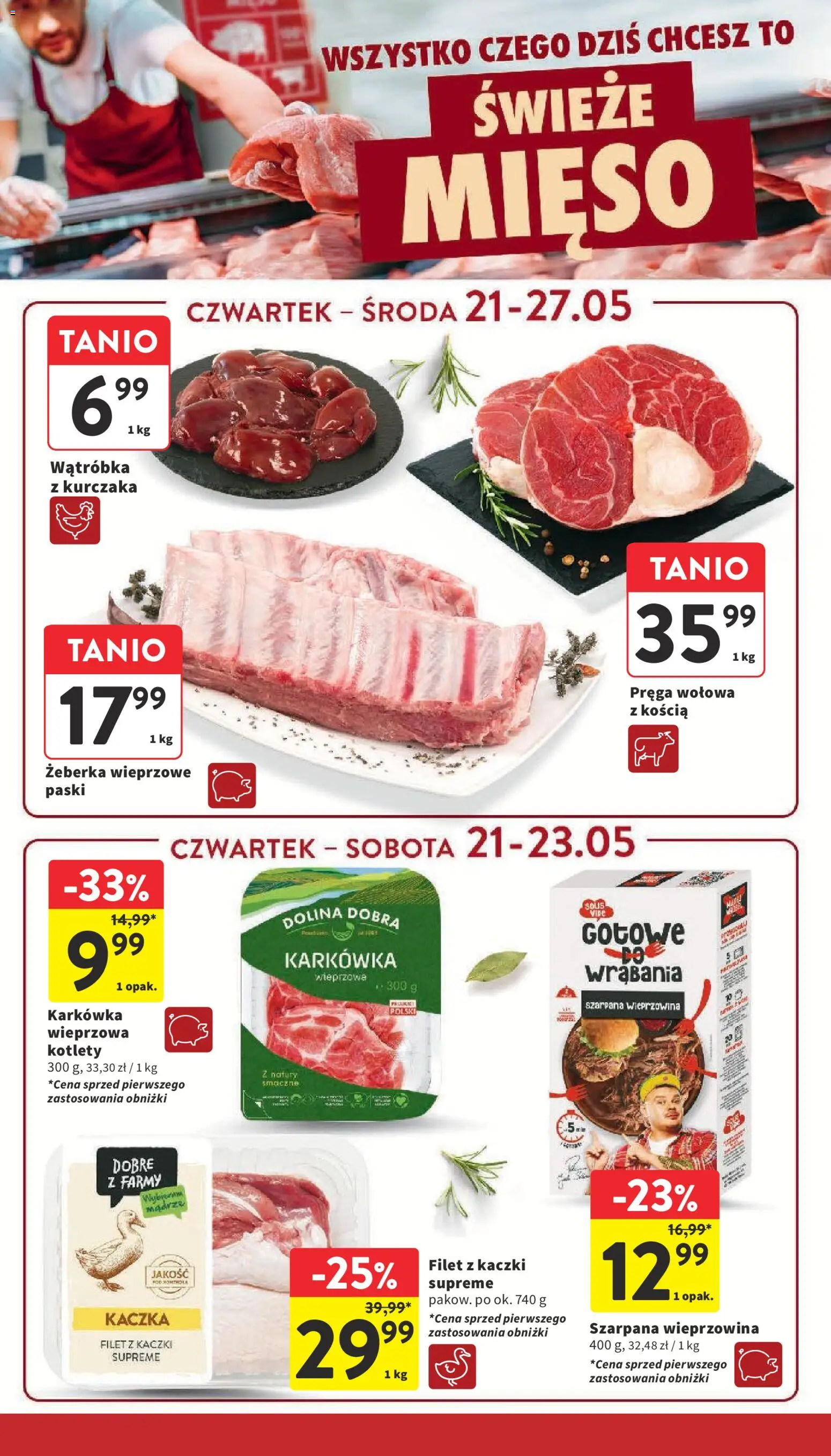 Intermarche gazetka od 21.05.2026 | Strona: 16 | Produkty: Karkówka, Mięso, Wątróbka, Filet z kaczki