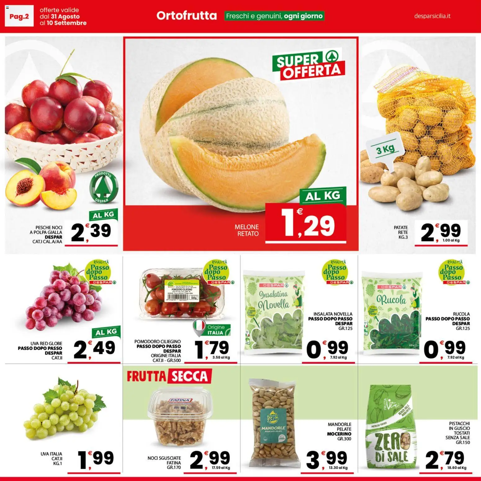 Volantino Despar del 31/08/2026 | Pagina: 2 | Prodotti: Frutta secca, Insalata, Sale, Pesche