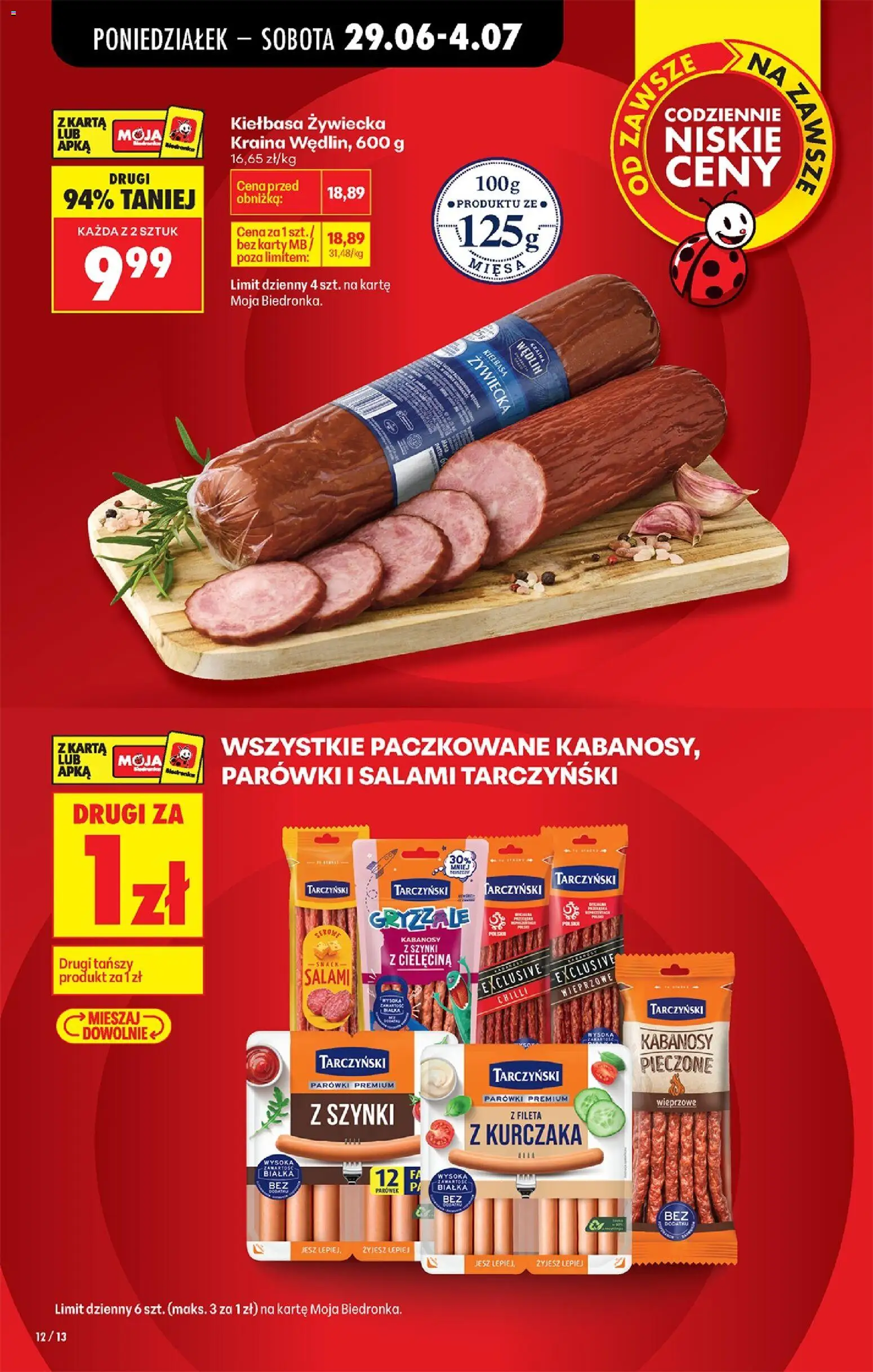 Biedronka gazetka od poniedziałku od 29.06.2026 | Strona: 14 | Produkty: Karta, Kabanosy, Parówki, Salami