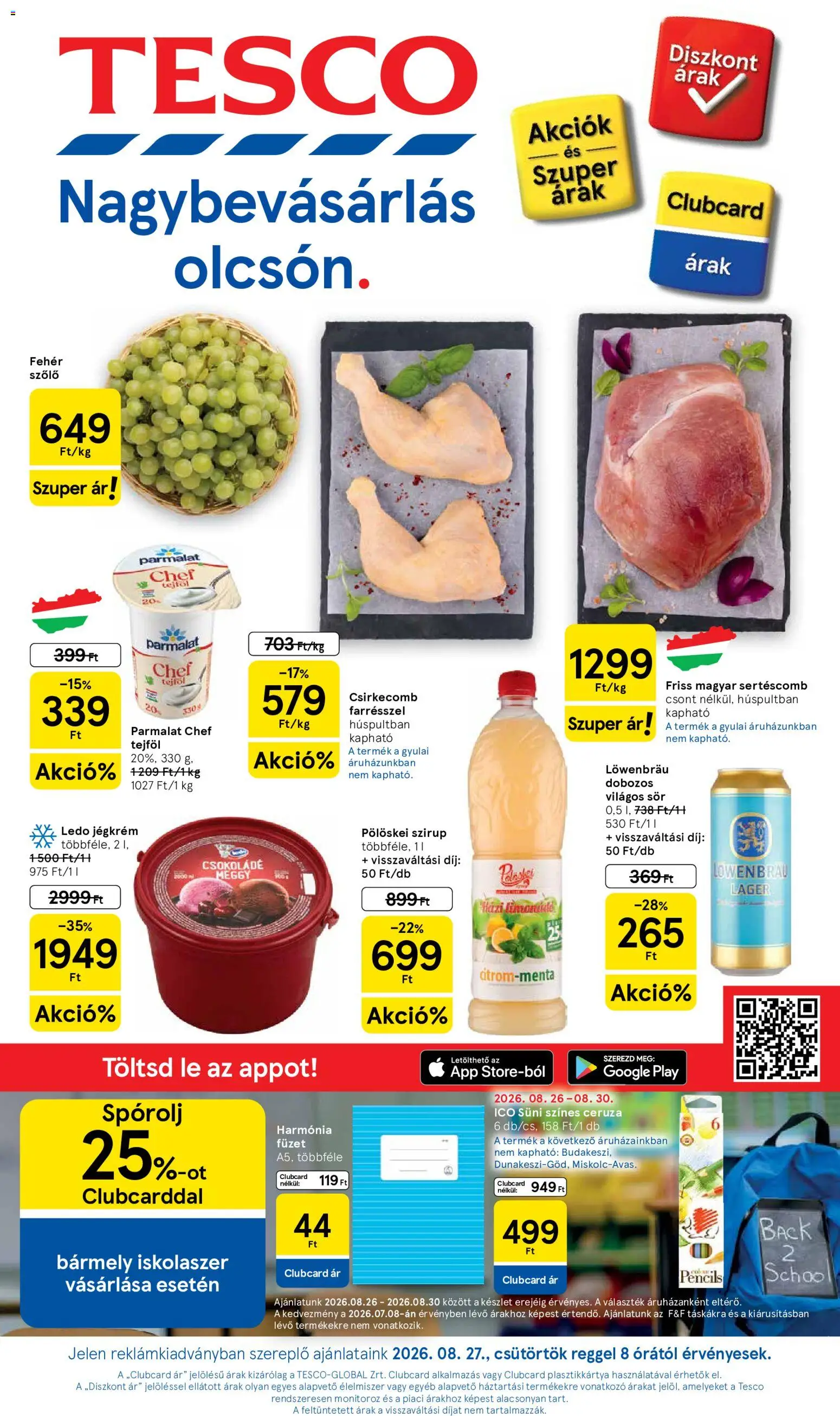 Tesco akciós ujság - amely érvényes a következő dátumtól: 2026.08.27. | Oldal: 1 | Termékek: Löwenbräu, Lé, Tejföl, Csirkecomb