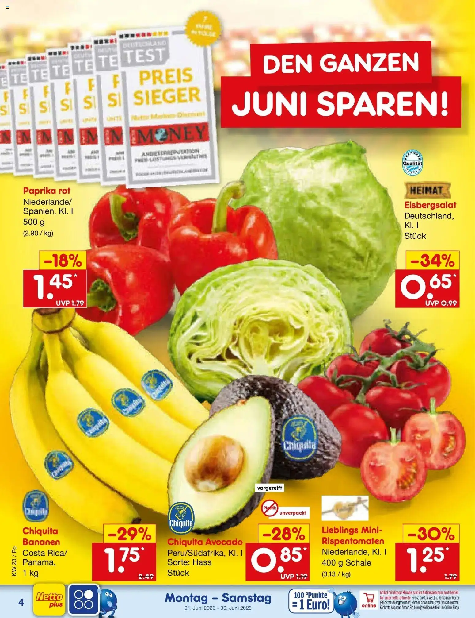Netto Marken-Discount Prospekt Regensburg – gültig ab 01.06.2026 | Seite: 4 | Produkte: Paprika rot, Bananen, Avocado, Paprika