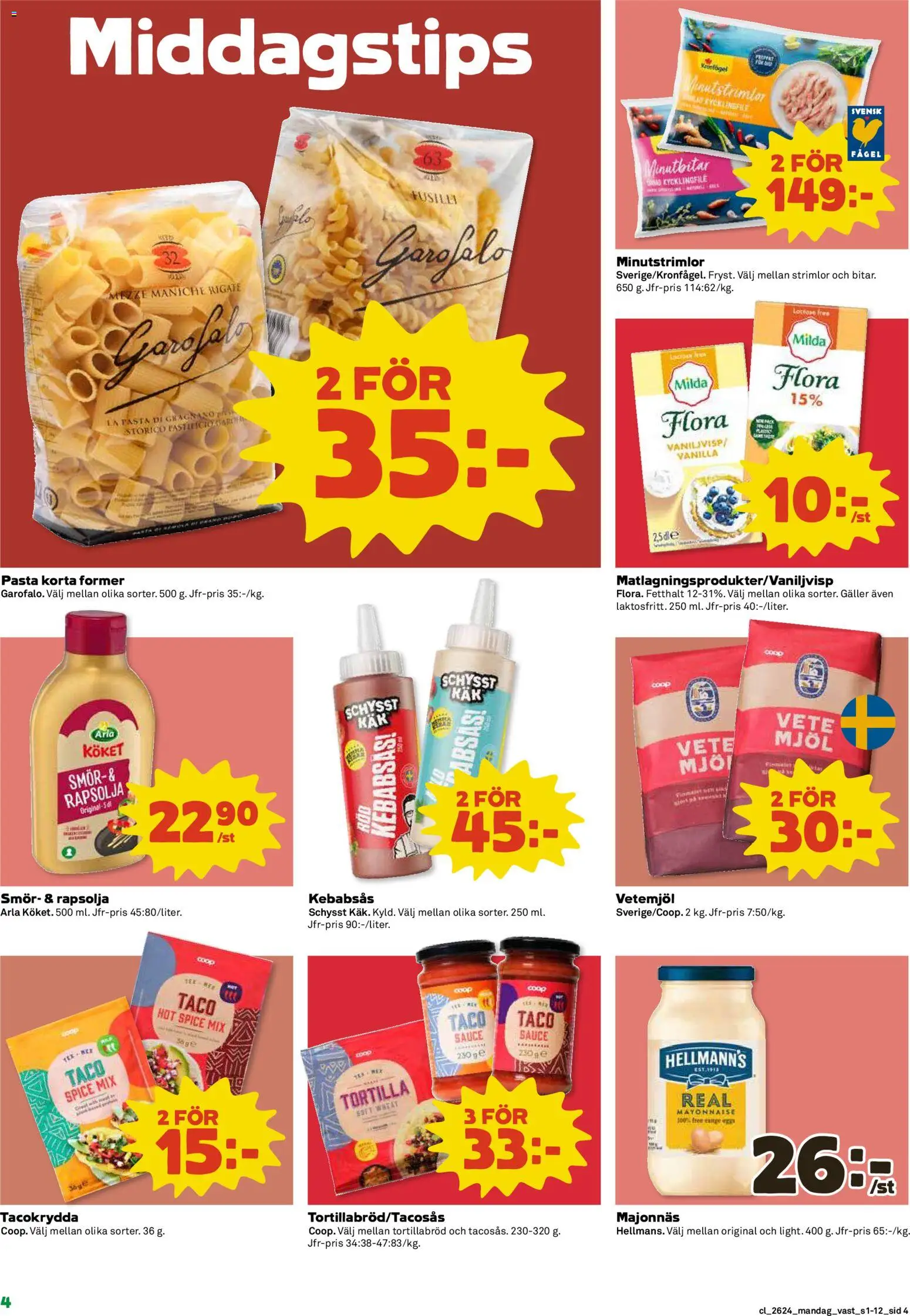 Coop reklamblad aktuell från 08.06.2026 | Sida: 4 | Produkter: Majonnäs, Kebabsås, Rapsolja, Pasta