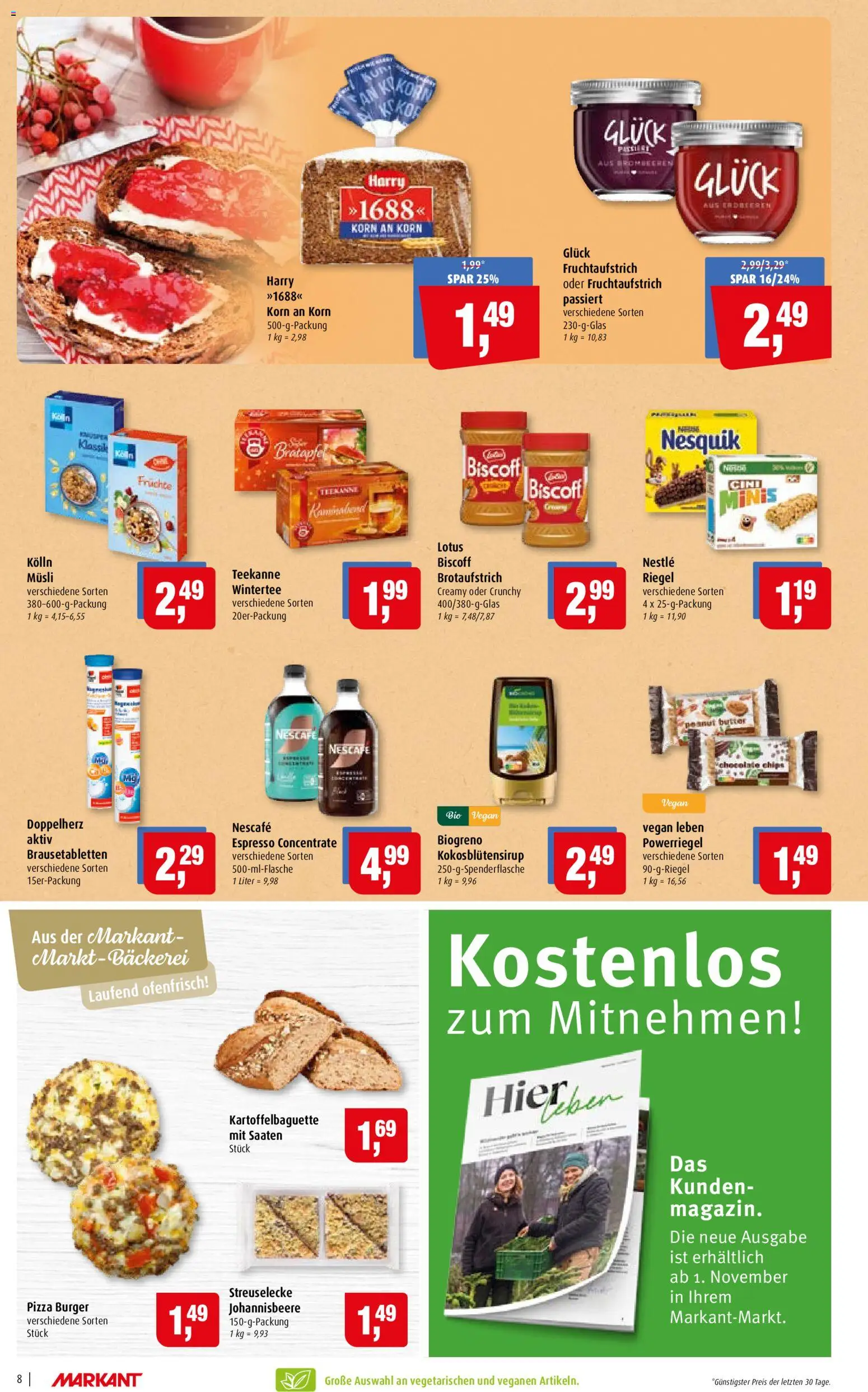 Markant Prospekt – gültig ab 02.11.2026 | Seite: 8 | Produkte: Bäckerei, Burger, Teekanne, Pizza