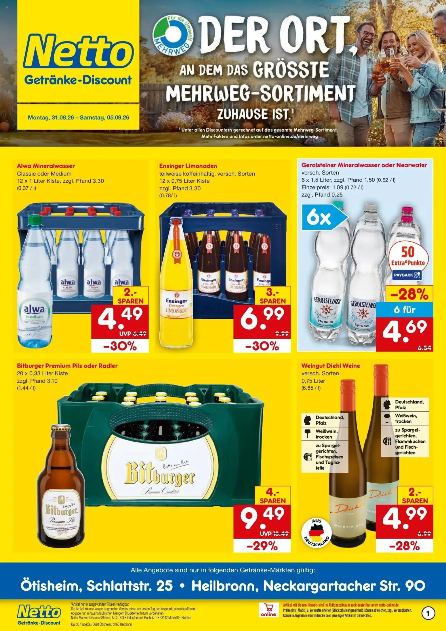 Netto Marken-Discount Prospekt Ötisheim – gültig ab 31.08.2026 | Seite: 1 | Produkte: Pils, Mineralwasser, Radler, Gerolsteiner