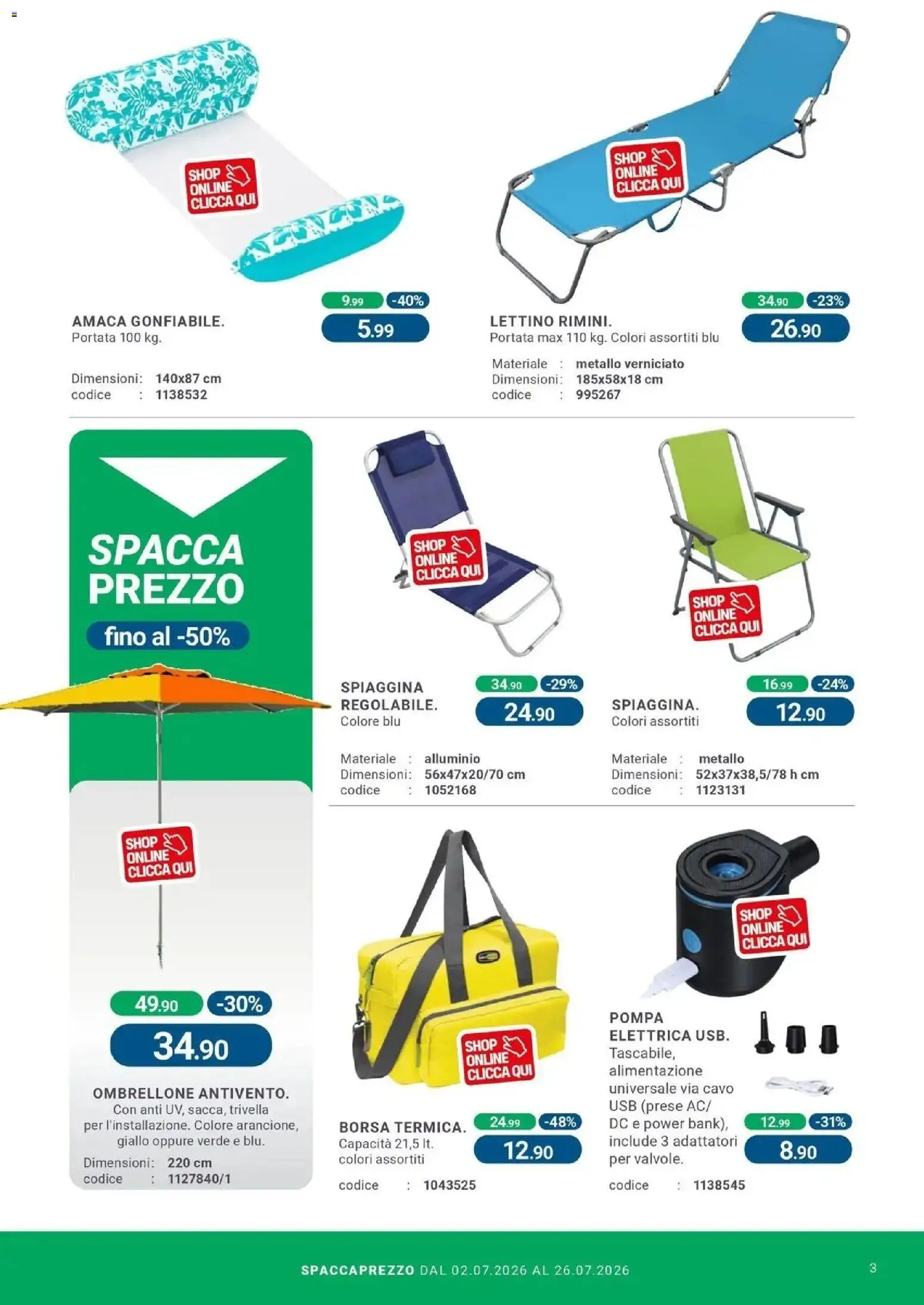 Volantino CFadda del 01/07/2026 | Pagina: 3 | Prodotti: Ombrellone, Lettino, Borsa, Alluminio