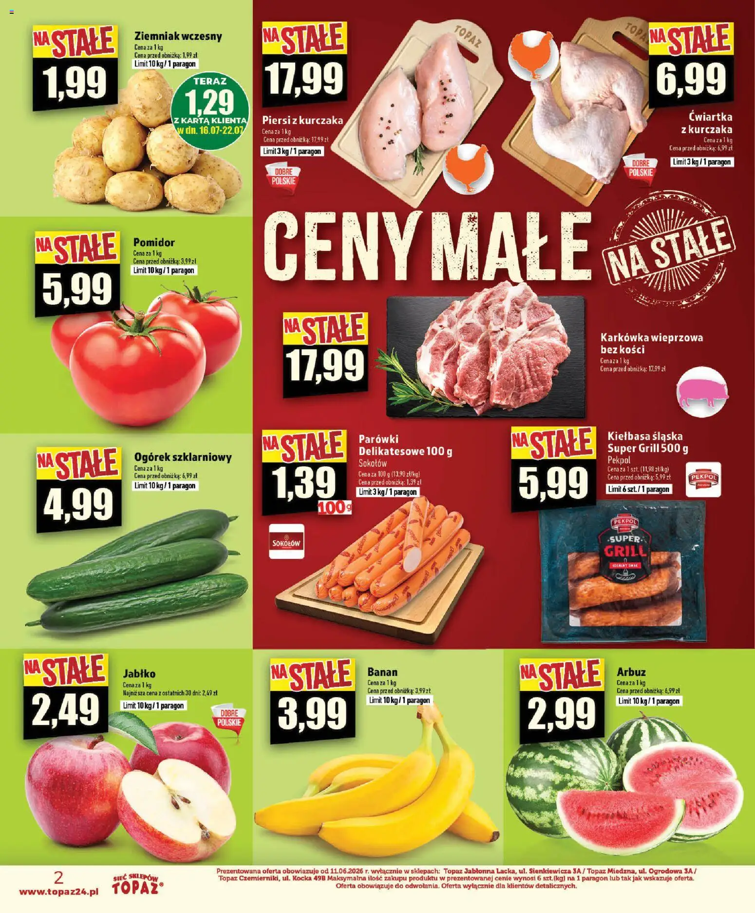 Topaz gazetka - Ceny małe na stałe od 16.07.2026 | Strona: 2 | Produkty: Kiełbasa, Arbuz, Piersi, Parówki