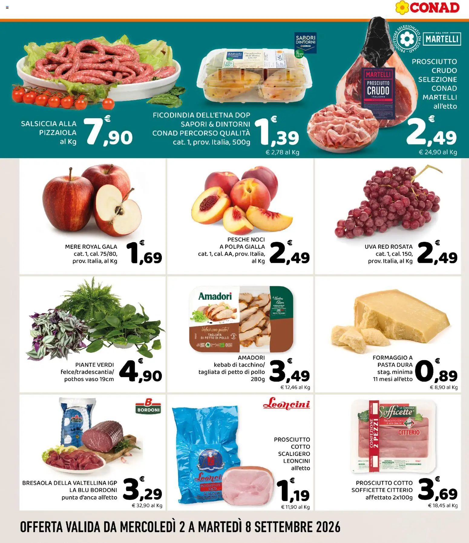 Volantino Conad del 02/09/2026 | Pagina: 2 | Prodotti: Petto di Pollo, Bresaola, Pasta, Pesche