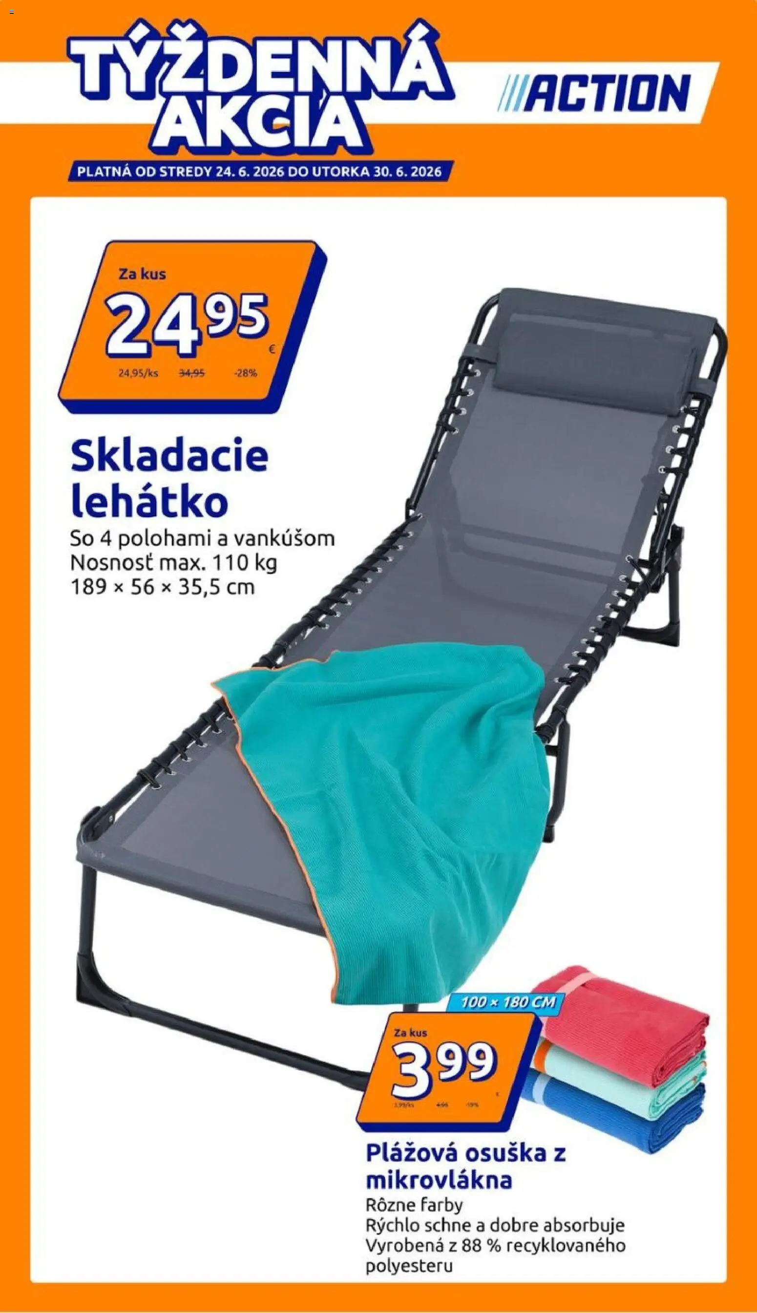 Nové Action akcie – leták je platný od 24.06.2026 | Strana: 1 | Produkty: Lehátko, Osuška