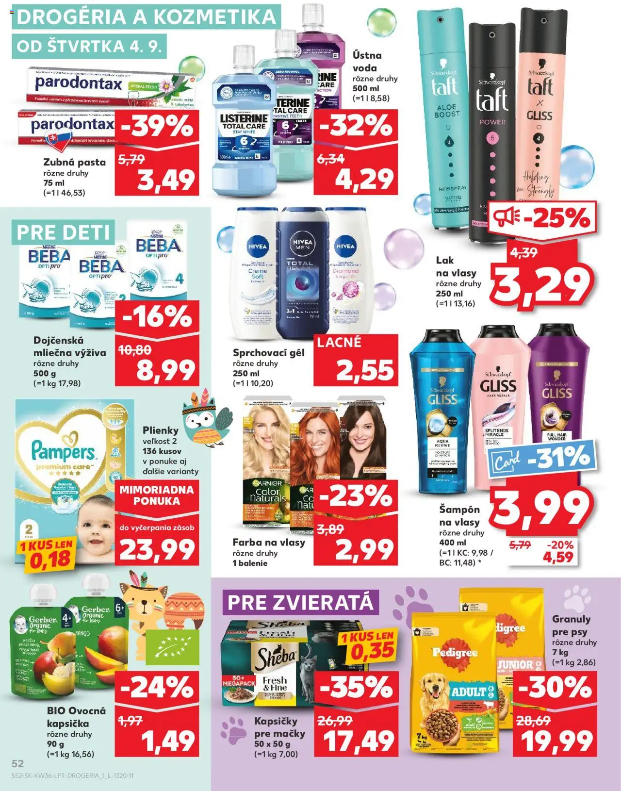 Nové Kaufland akcie – leták je platný od 04.09.2025 | Strana: 52 | Produkty: Listerine, Lak na vlasy, Pampers, Beba