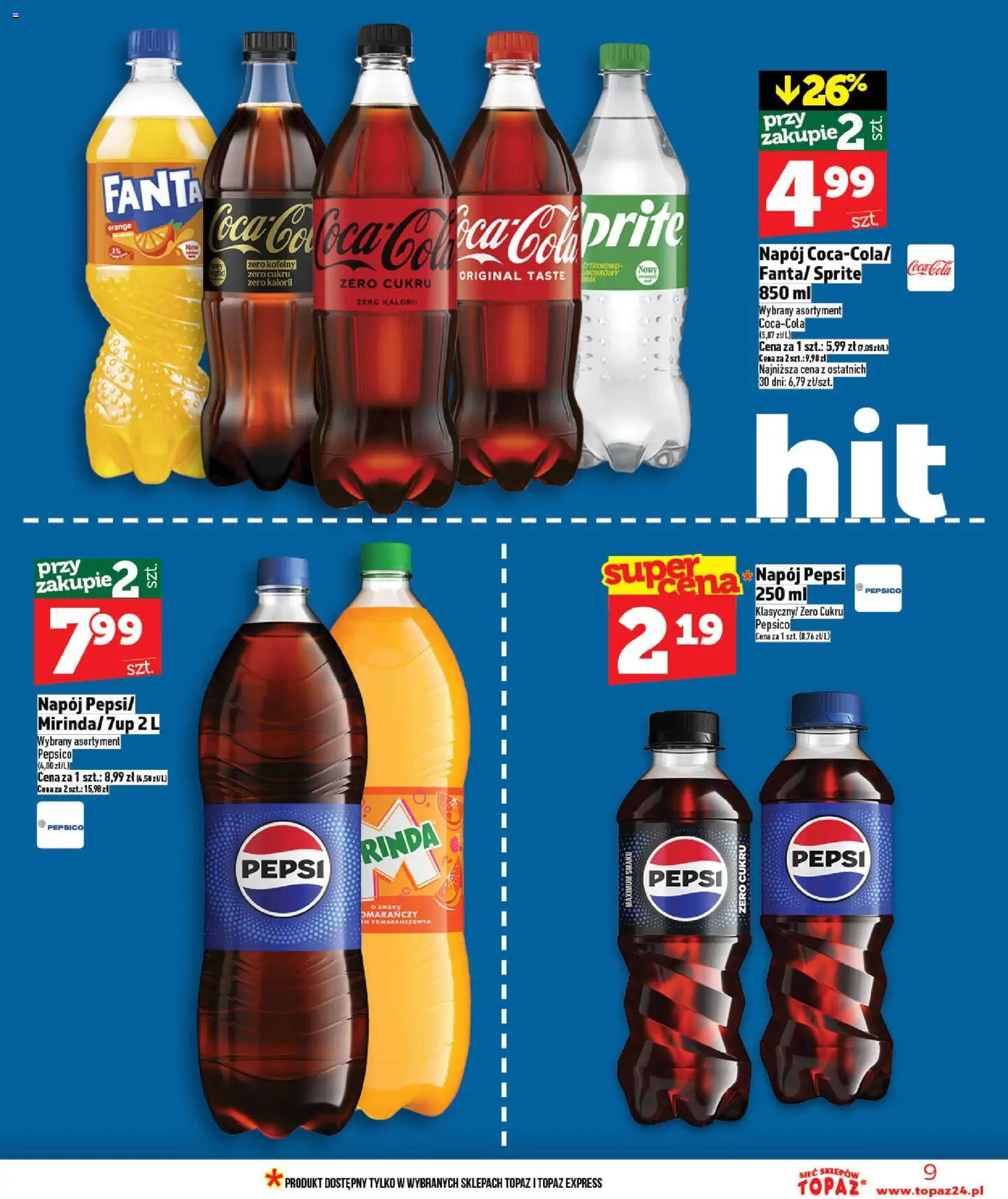 Topaz gazetka od 14.05.2026 | Strona: 9 | Produkty: Coca Cola zero, Pepsi, Sprite, Coca cola