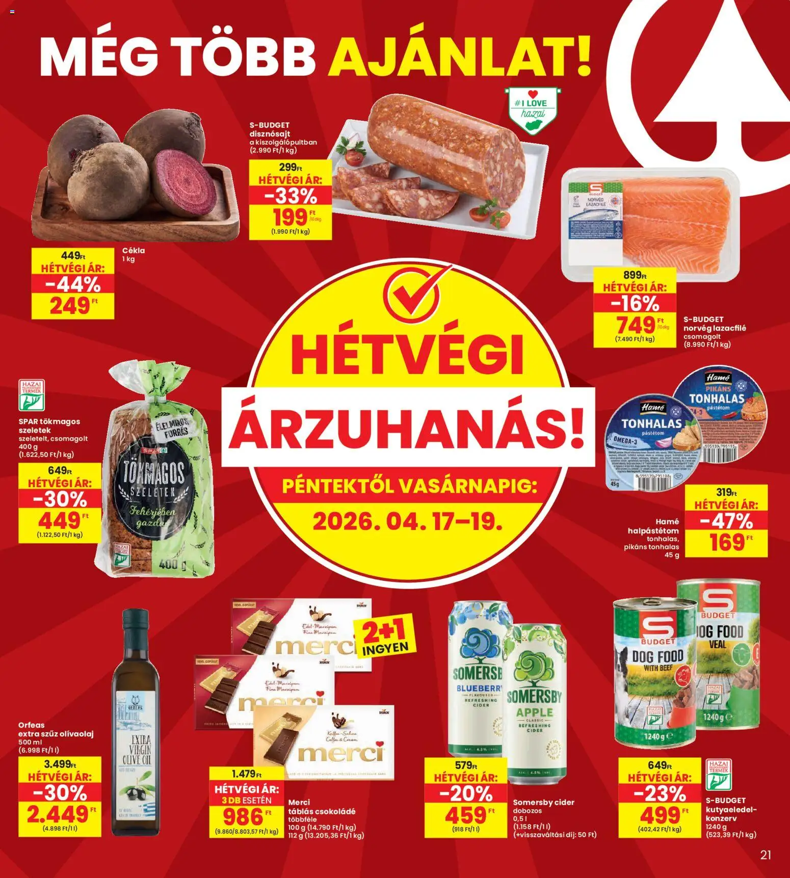 Interspar akciós ujság - amely érvényes a következő dátumtól: 16.04.2026 | Oldal: 21 | Termékek: Lazacfilé, Cider, Extra szűz olivaolaj, Csokoládé