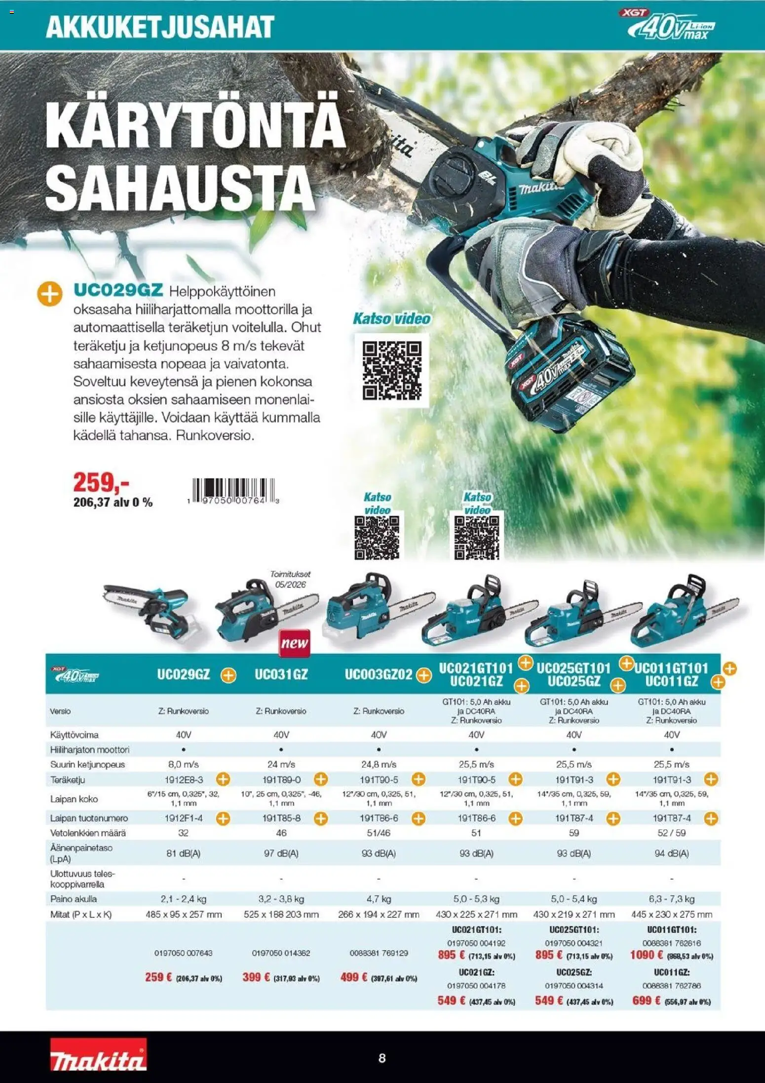 Makita tarjoukset - XGT esite 2026 – voimassa 07.04.2026 alkaen | Sivu: 8 | Tuotteet: Akku, Video