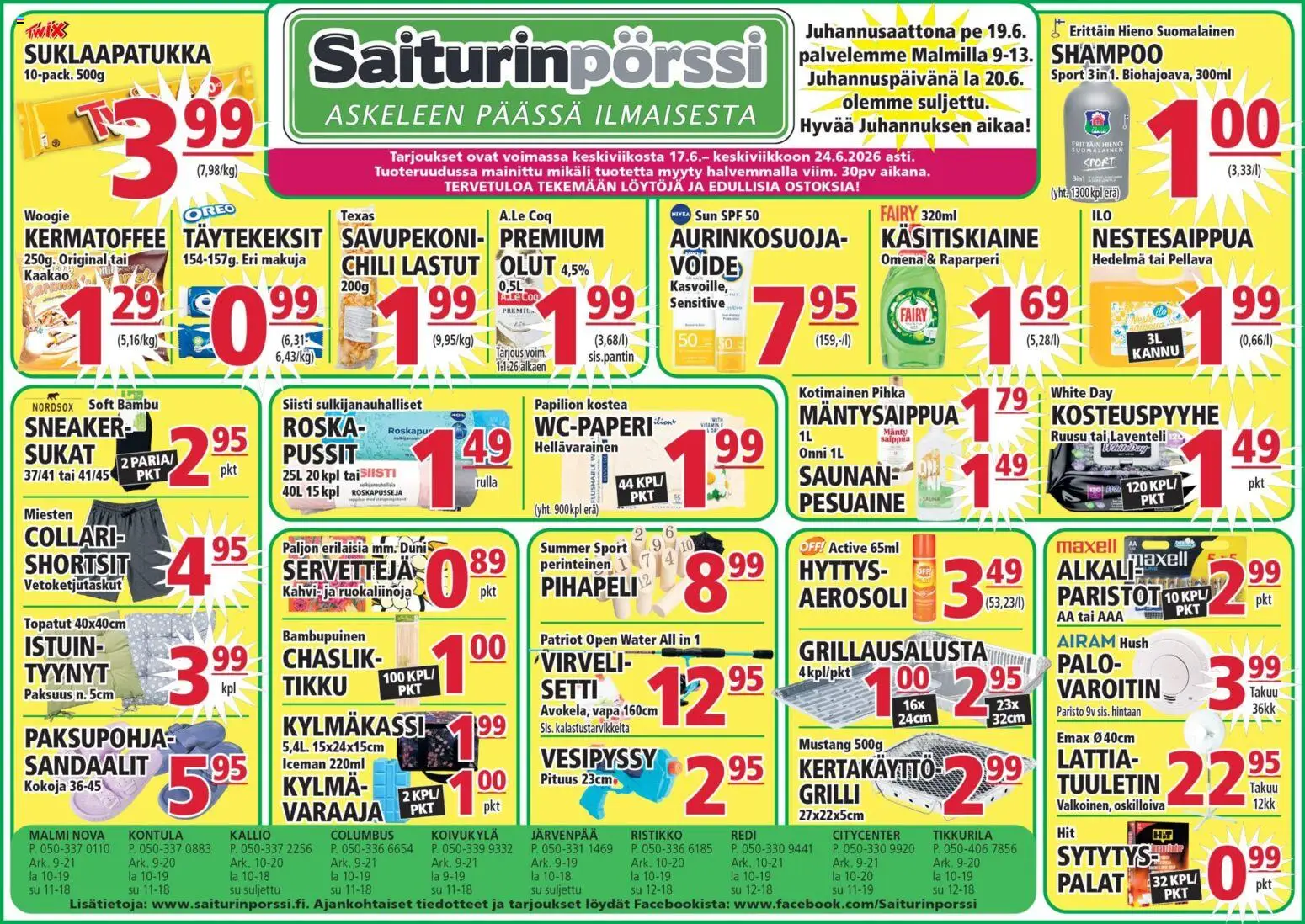 Saiturinpörssi tarjoukset – voimassa 17.06.2026 alkaen | Sivu: 1 | Tuotteet: Raparperi, Paristot, Sukat, Sandaalit