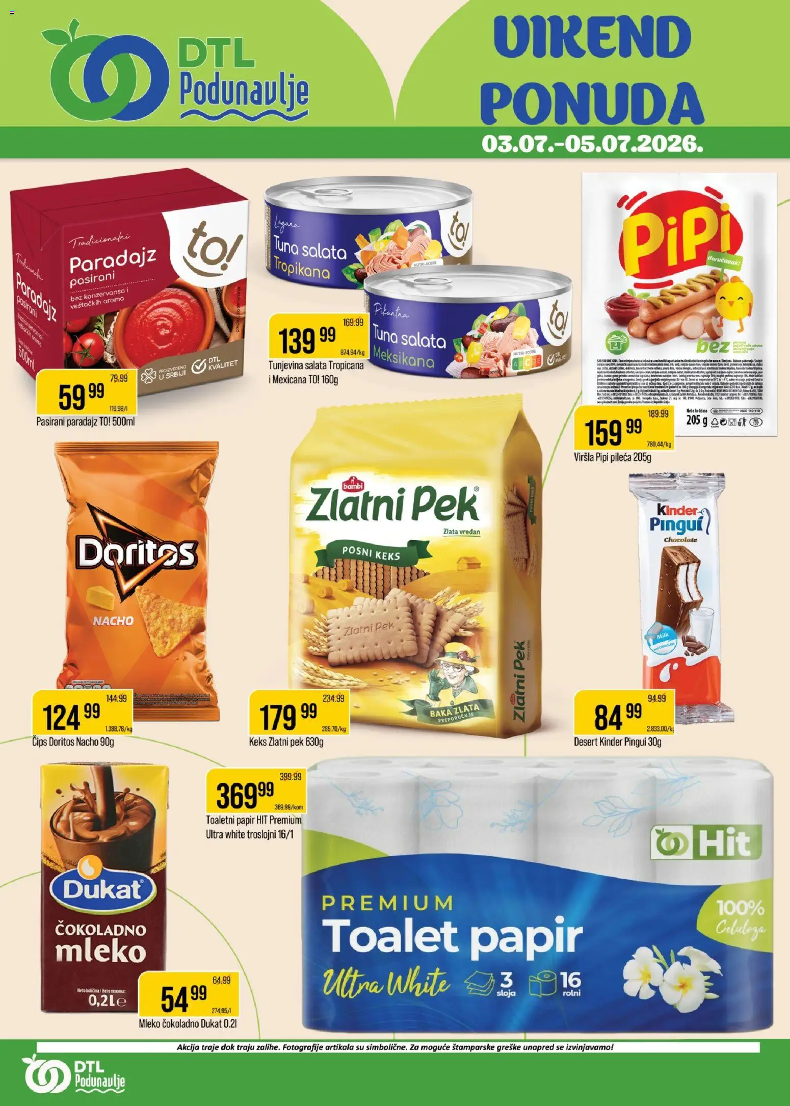 Podunavlje katalog - važi od 03.07.2026 | Strana: 1 | Proizvode: Toalet papir, Salata, Pasirani paradajz, Paradajz