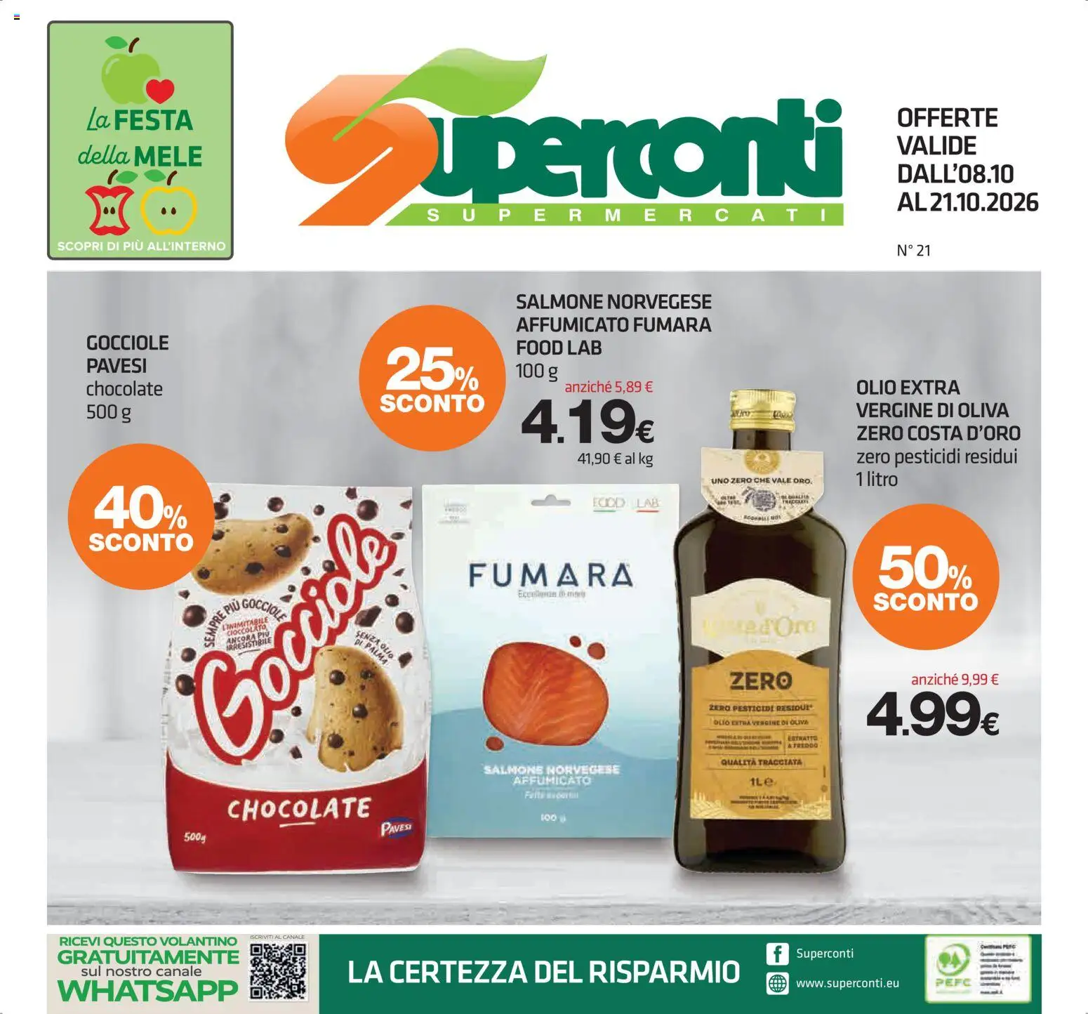 Volantino Superconti del 08/10/2026 | Pagina: 1 | Prodotti: Mele, Salmone, Olio extravergine di oliva, Olio