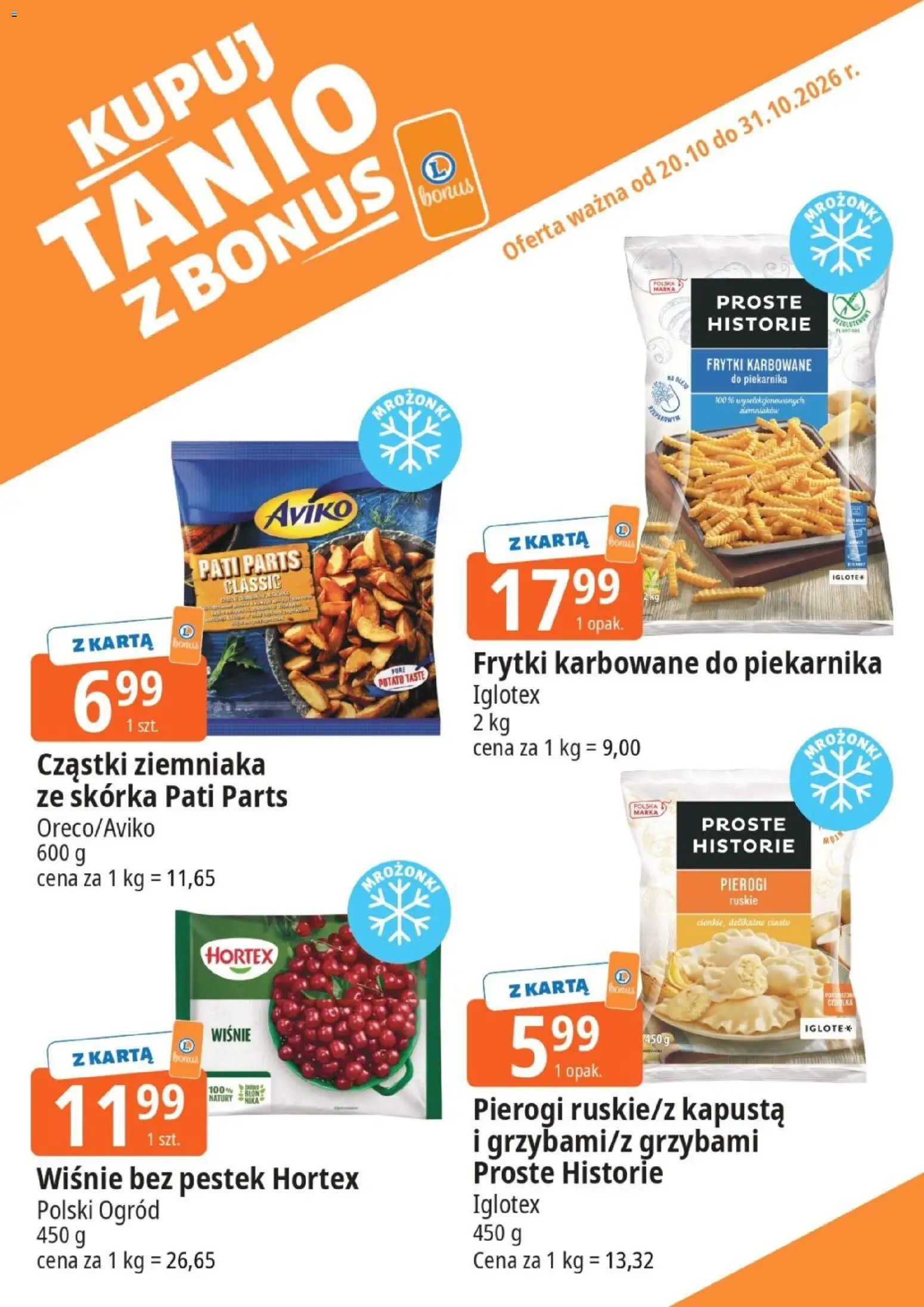 E.Leclerc gazetka - Kupuj Tanio Z Bonus od 20.10.2026 | Strona: 4 | Produkty: Karta, Mrożonki, Pierogi ruskie, Frytki