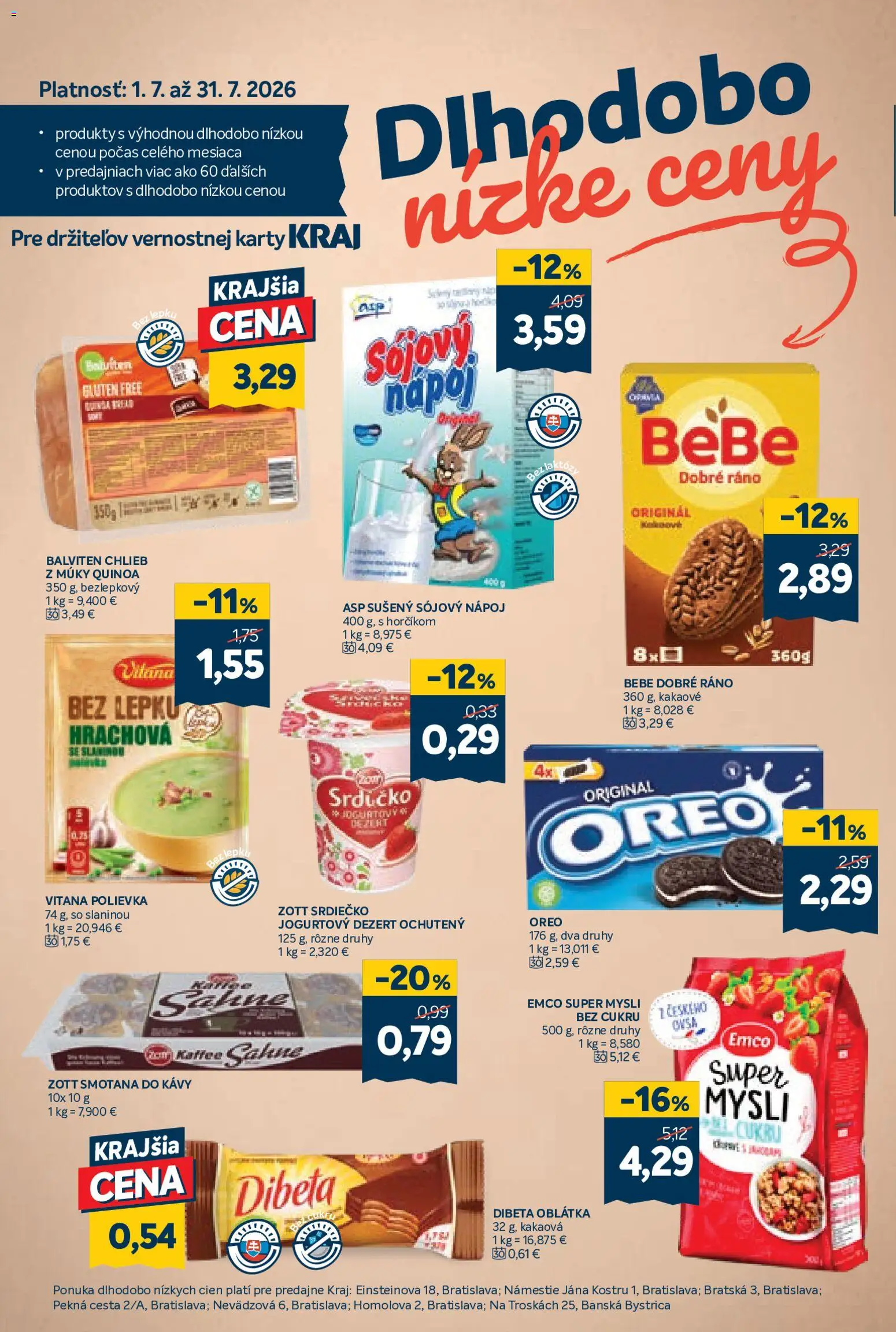 Nové Kraj akcie – leták je platný od 09.07.2026 | Strana: 14 | Produkty: BeBe Dobré ráno, Chlieb, Smotana